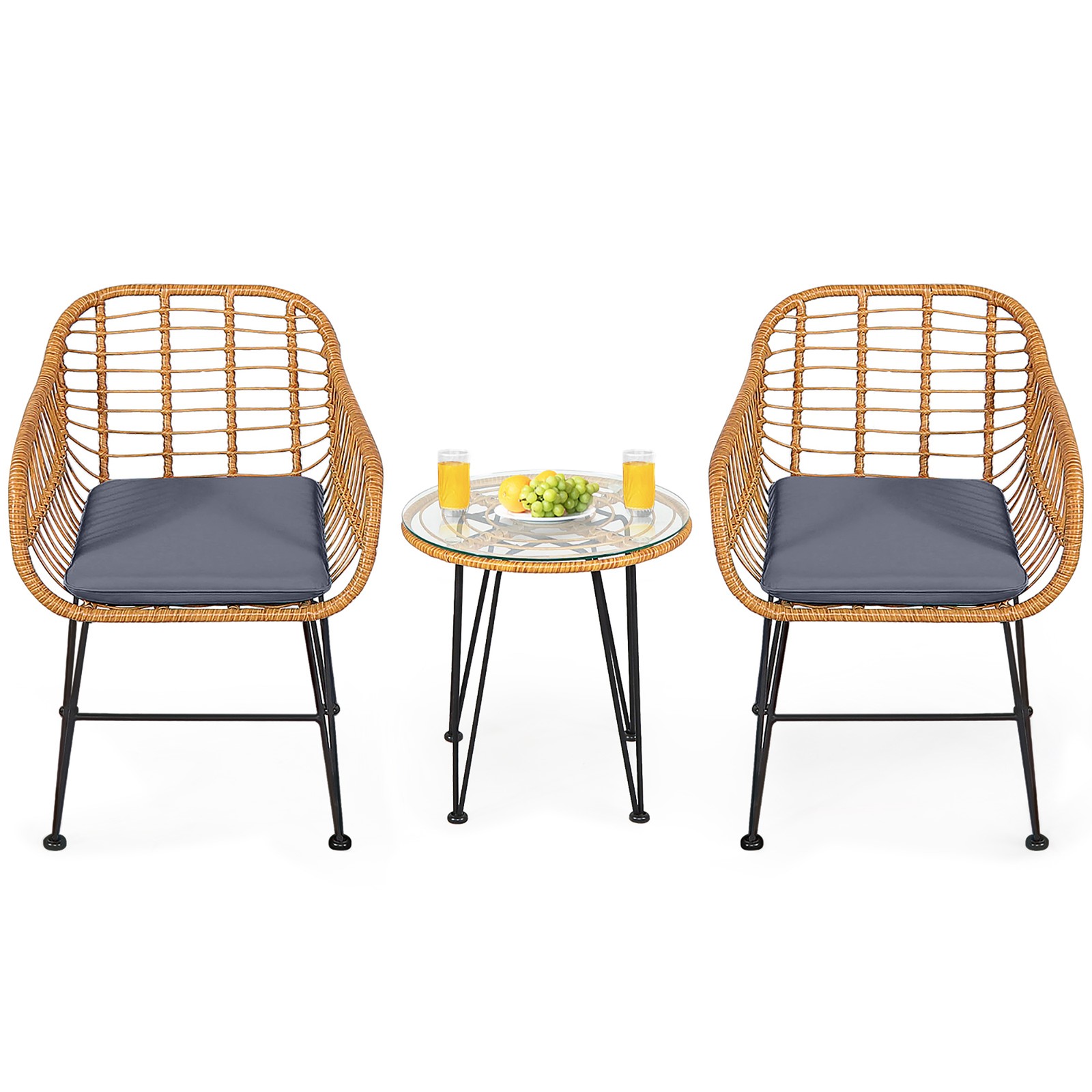 3PCS Rattan Patio Bistro Set Conversation Furniture Set w/ Grey Cushions