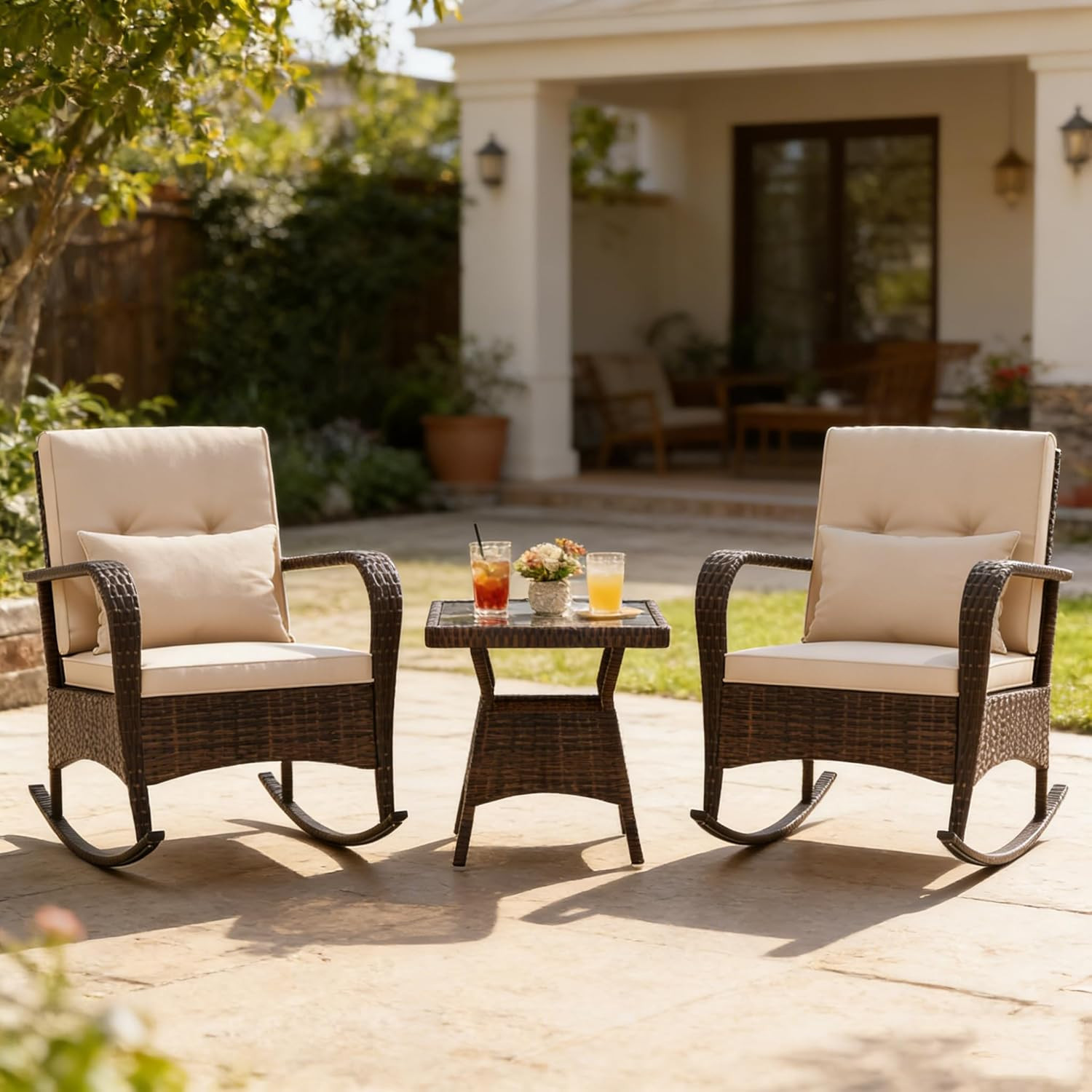 COSTWAY Outdoor Rocking Chairs Set of 2, 3 Piece PE Wicker Patio Bistro Set | Co