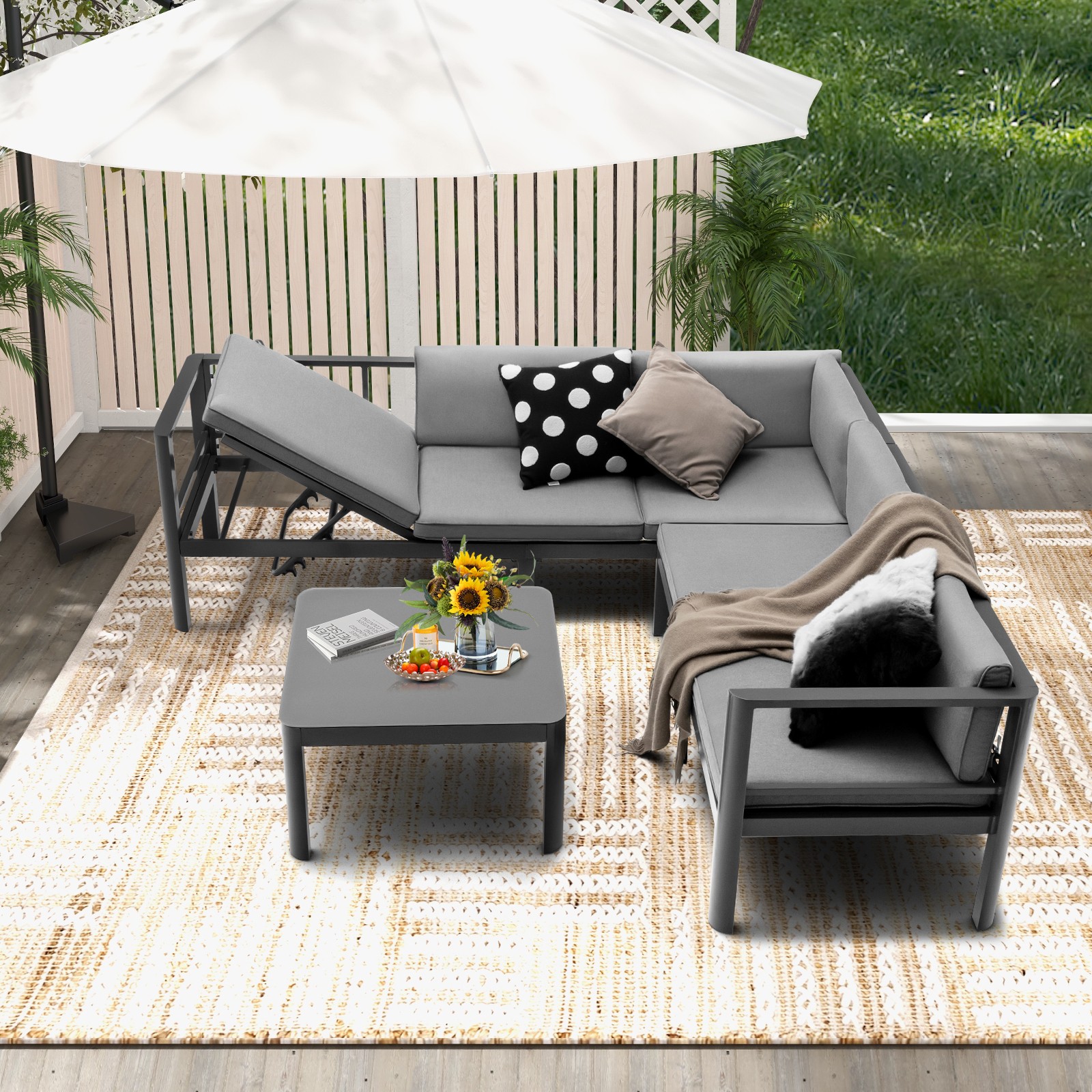 3 PCS Aluminum Patio Sofa Set Outdoor 3-Seat Sofa w/ 6-Level Reclining Backrest