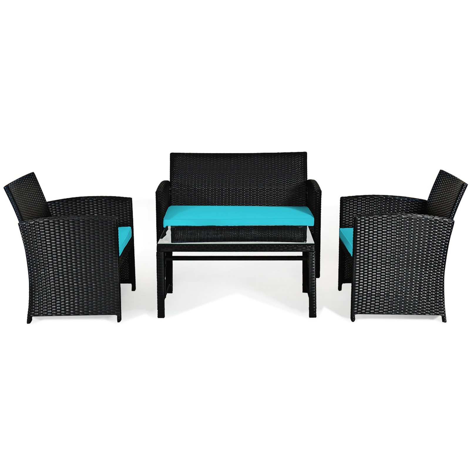 4PCS Rattan Outdoor Conversation Set Patio Furniture Set w/ Turquoise Cushions