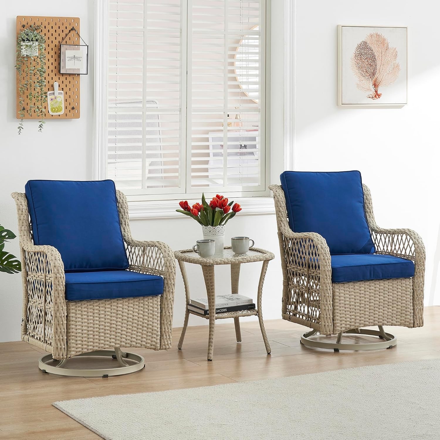 3Pcs Outdoor Wicker Swivel Chairs, Swivel Rocking Chair Set of 2 with Side Table