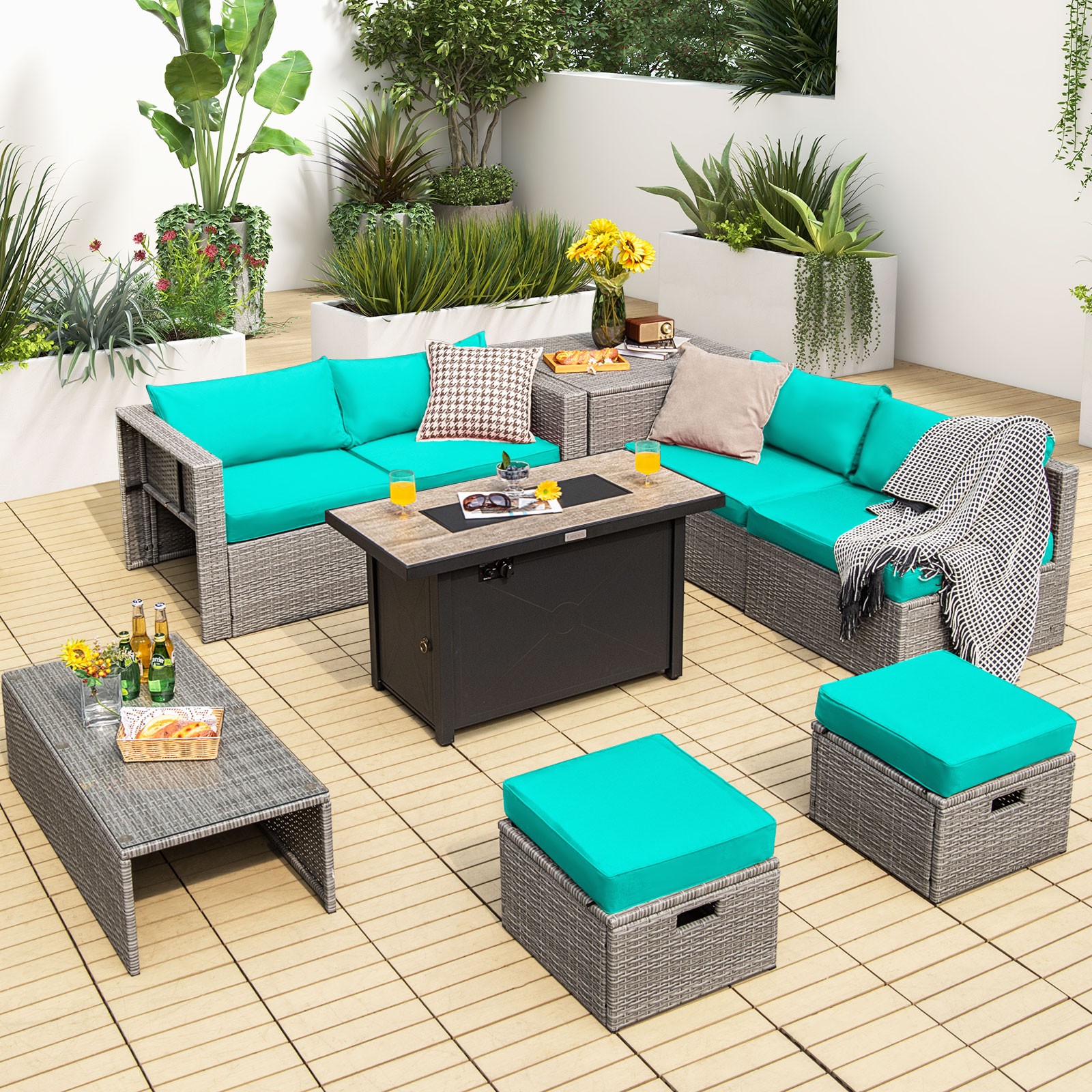 9 PCS Patio Rattan Furniture Set 42″ Fire Pit Table Cover Storage Box Turquoise