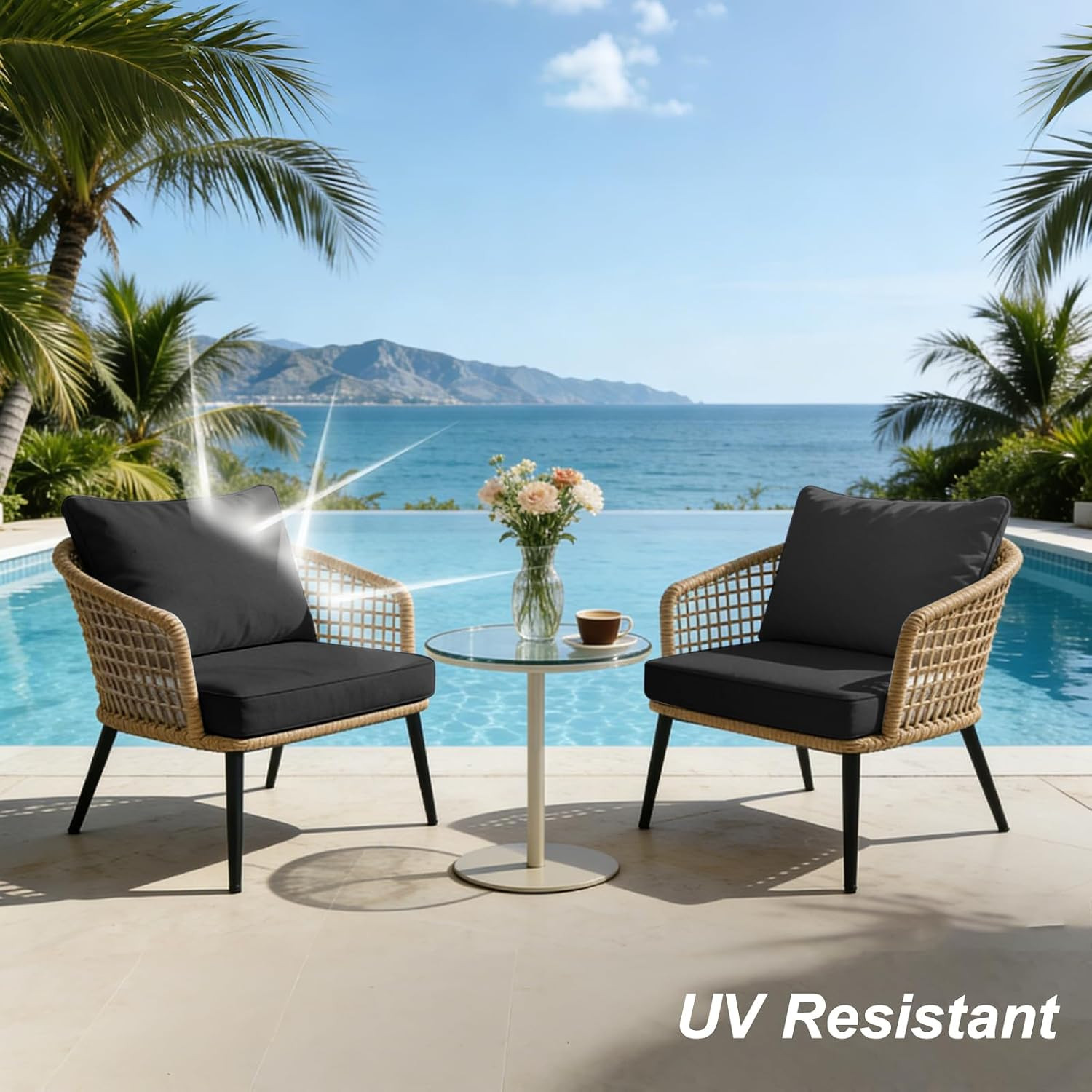 4 Piece Patio Seat & Back Cushion Covers Replacement, Black | Water-Resistant Fa
