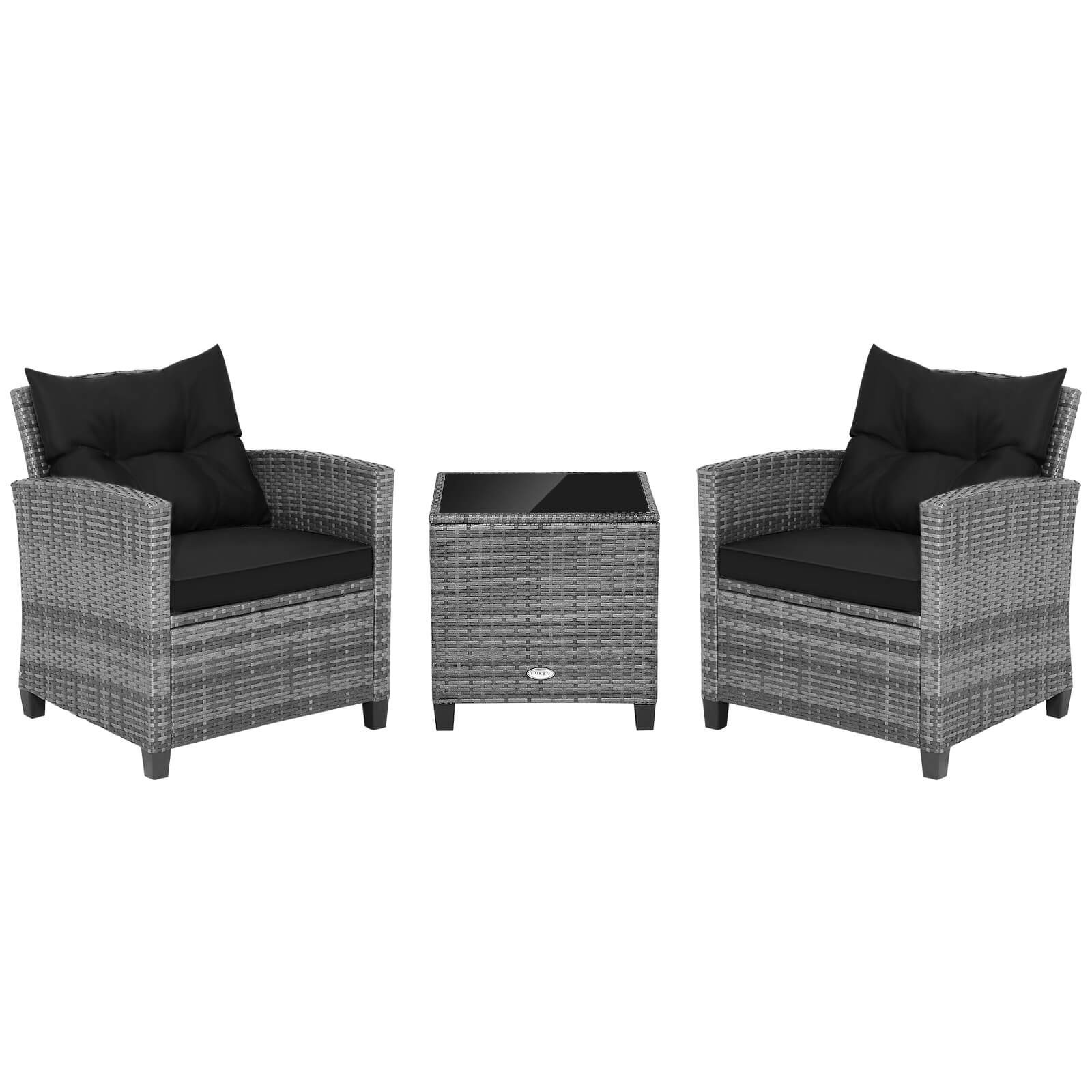 3PCS Patio Rattan Furniture Bistro Set Cushioned Sofas Side Table Armrest