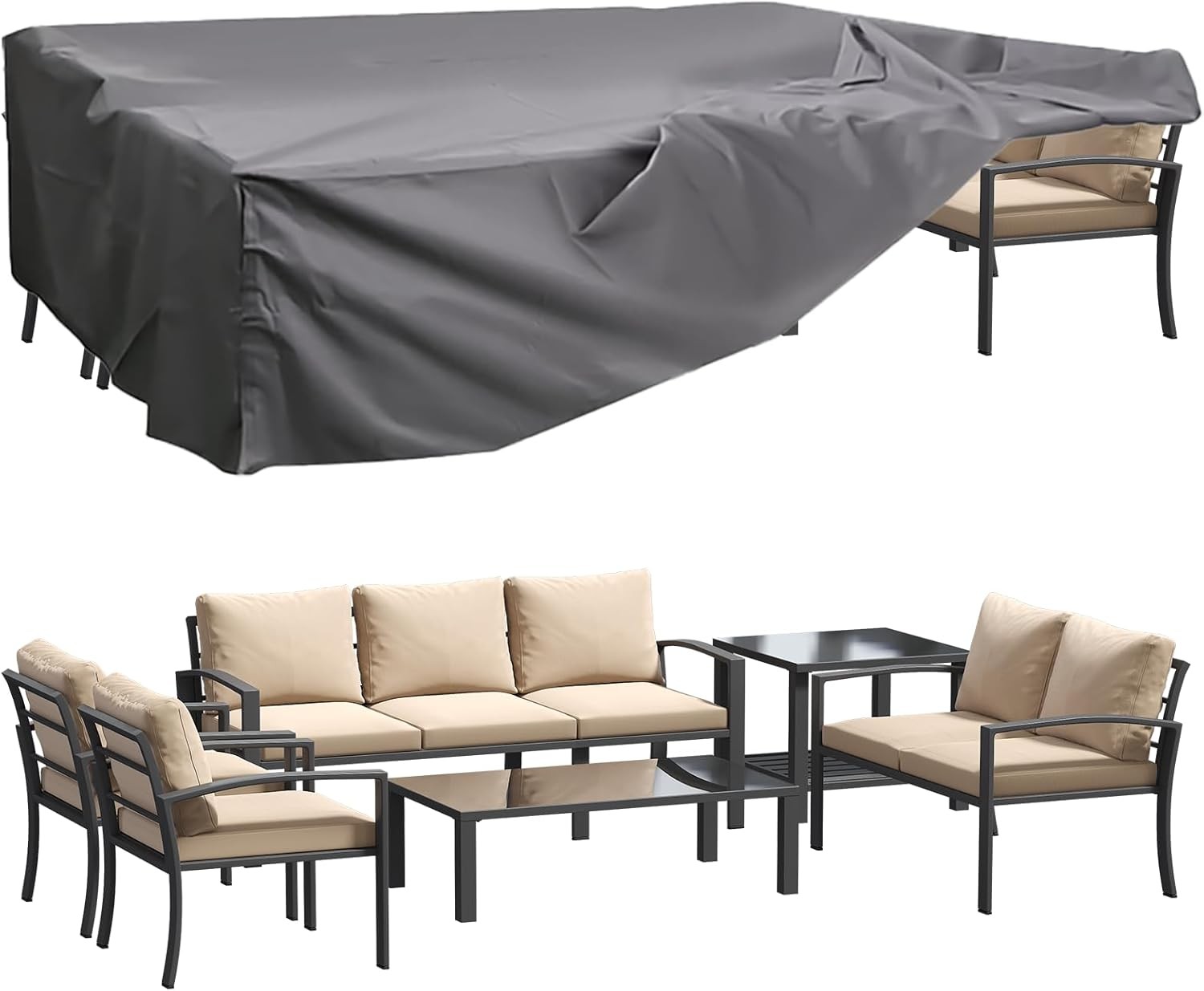 7 Piece Patio Conversation Set Metal Outdoor Furniture w/ Coffee Table Cushions