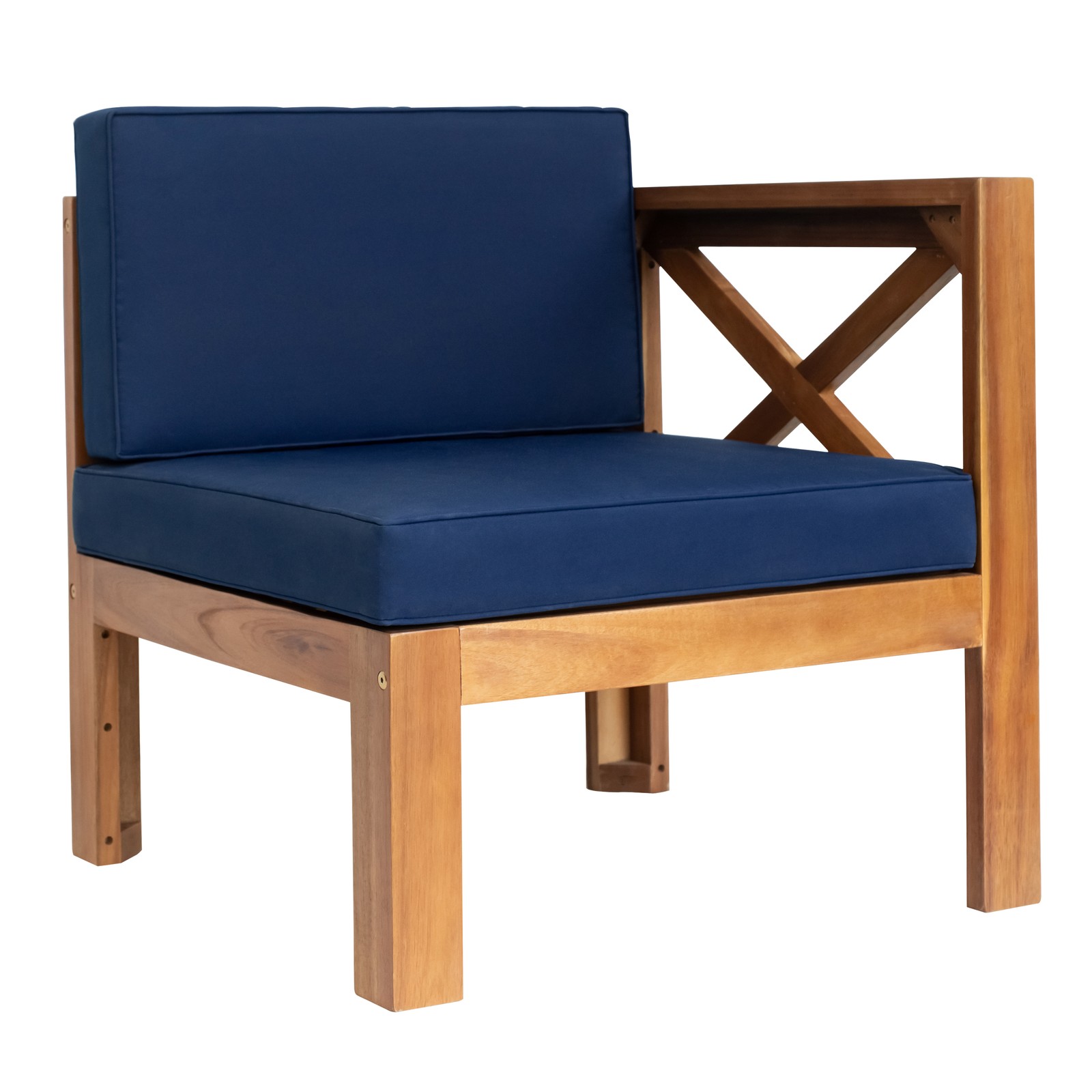 5-Piece Acacia Wood Patio Sectional Sofa Set with Blue Cushions – Natural Finish