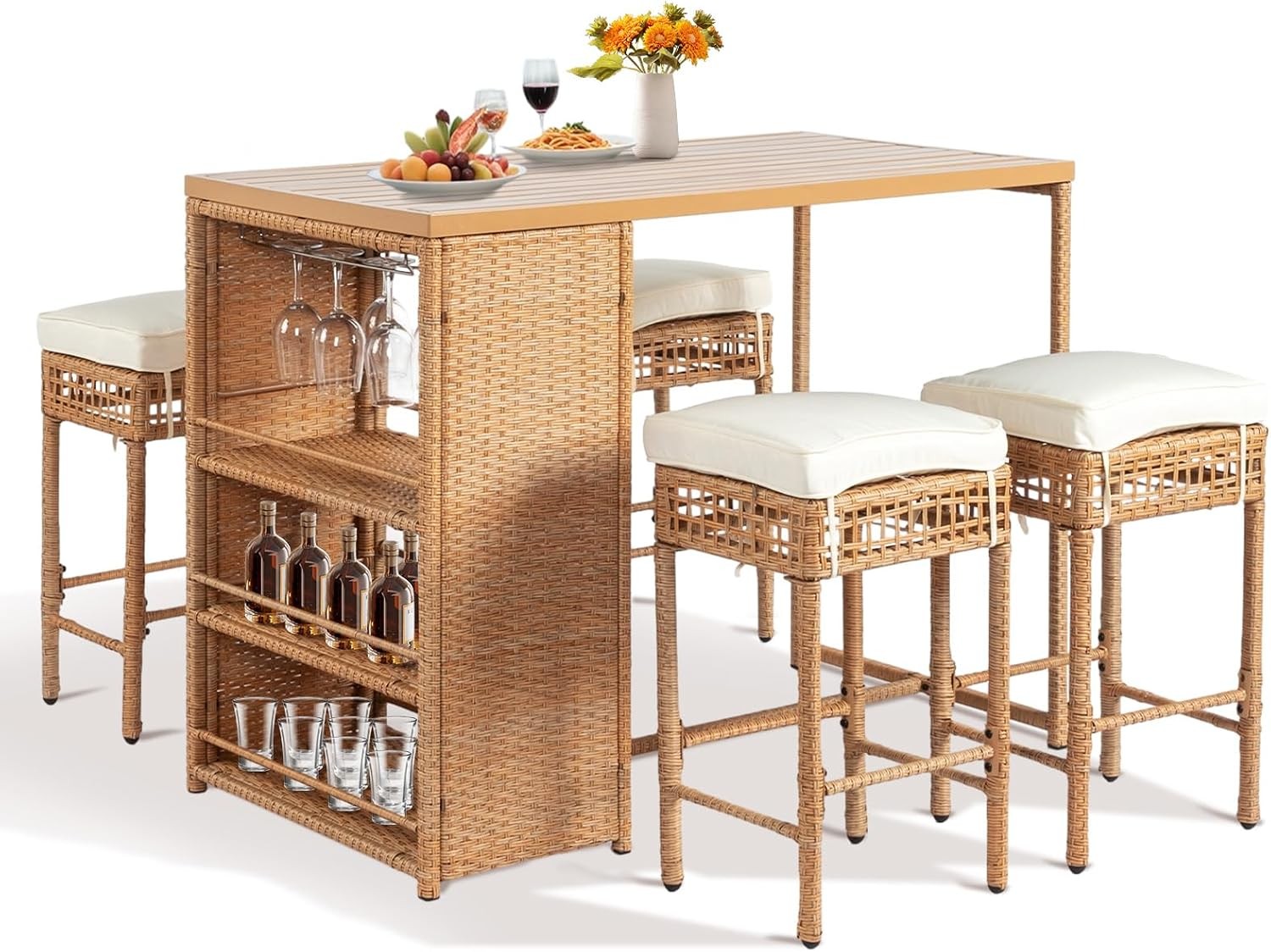 5-Piece Outdoor Bar Set Wicker Rattan Bar Height Patio Set w/4 Cushion Bar
