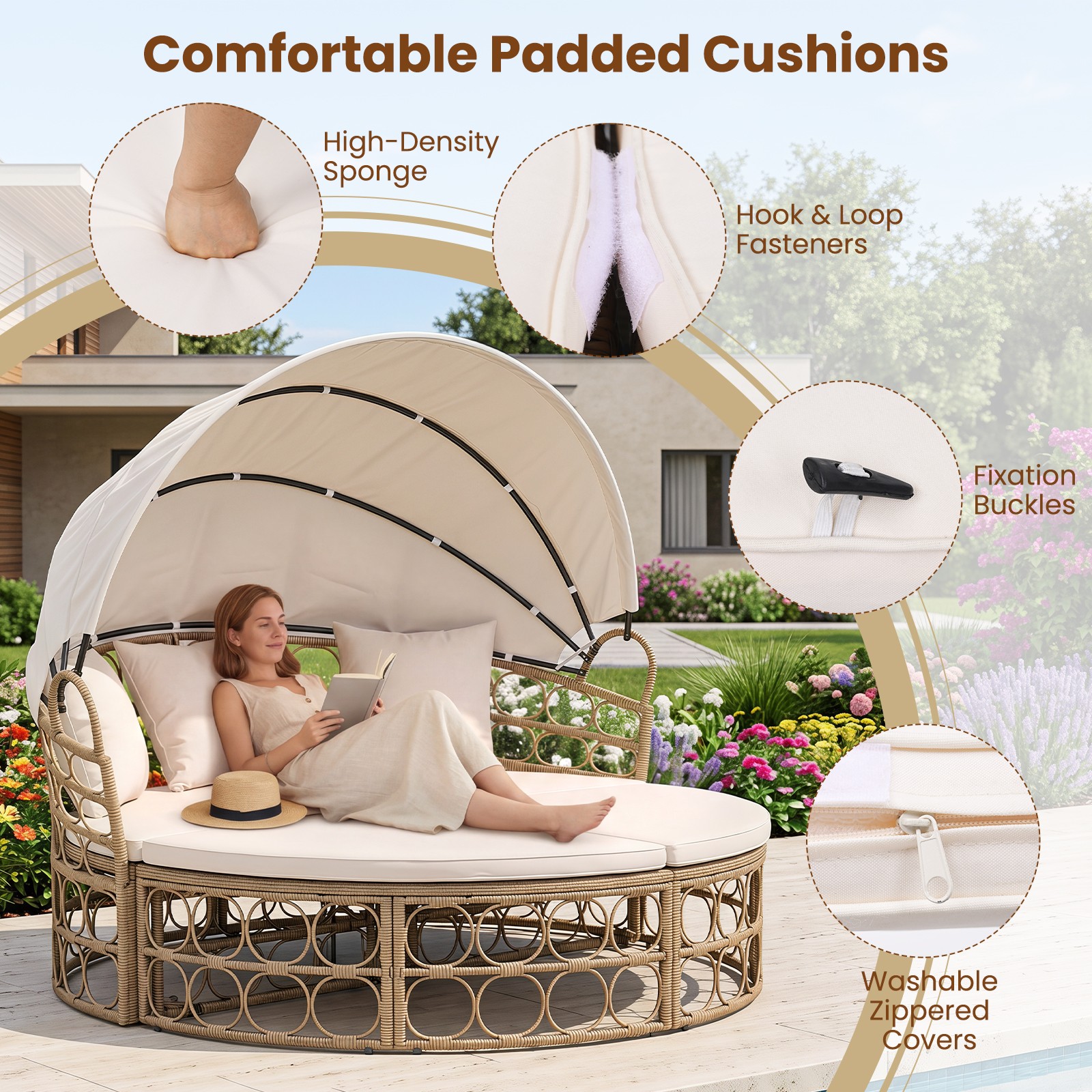 Outdoor Patio Daybed w/ Retractable Canopy & Cushions, Round Sectional Couch