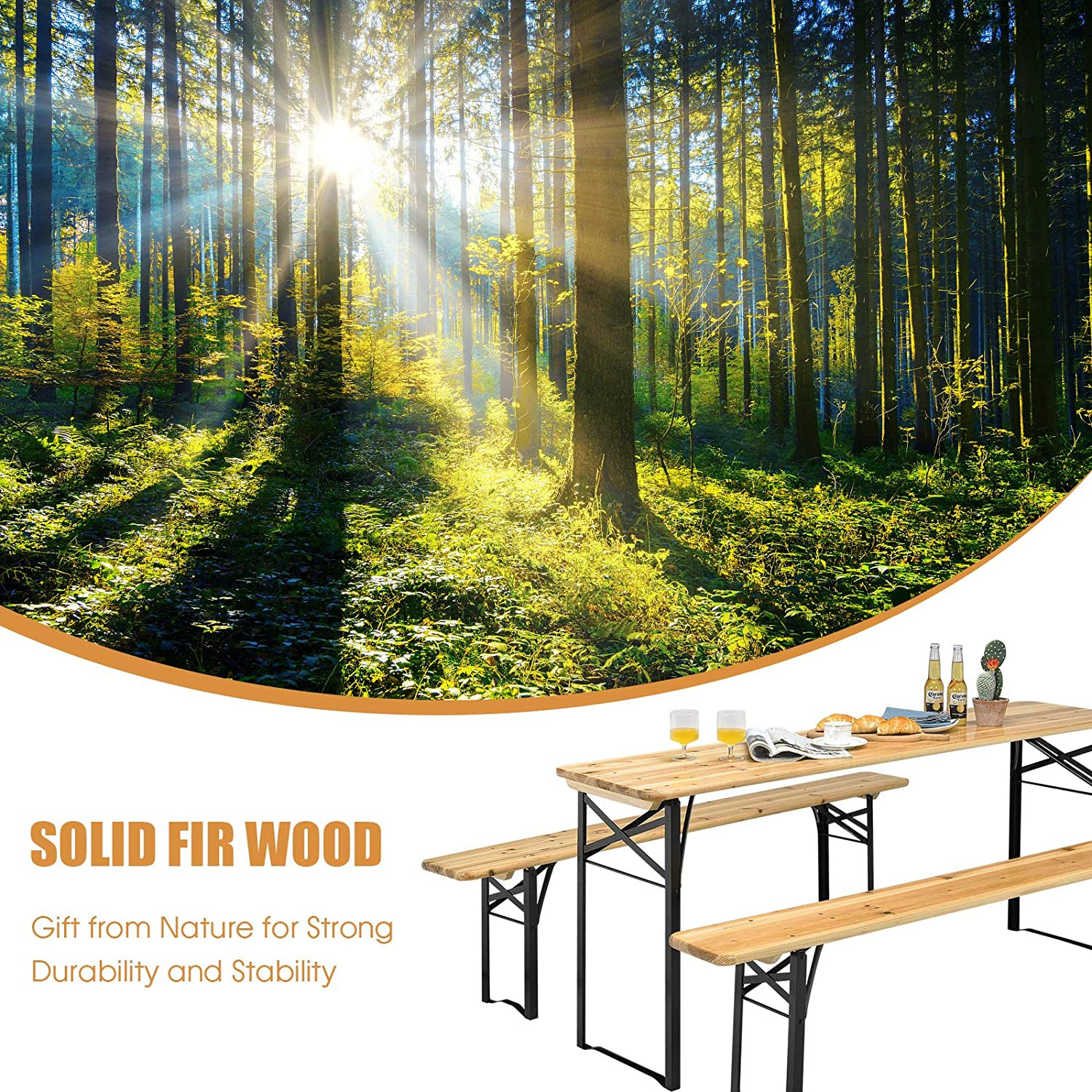 Rustic 3-Piece Fir Wood Dining Set for Patio, Garden, and Camping Use