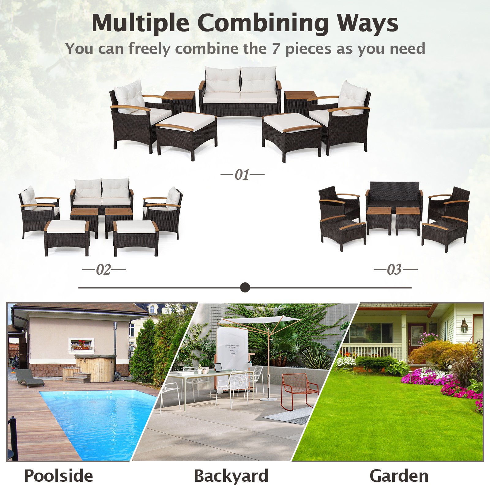 7PCS Patio Rattan Furniture Set Cushion Armrest Loveseat Ottoman Table