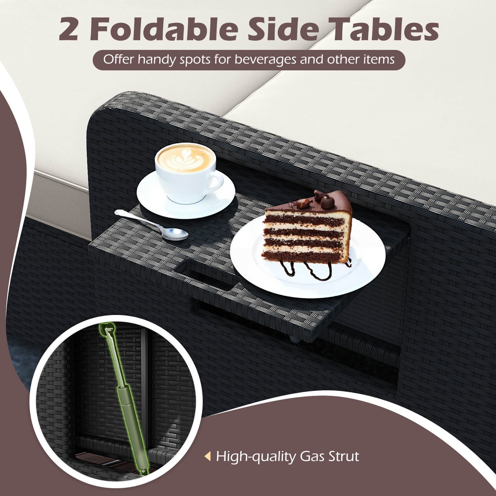 2 PCS PE Wicker Outdoor Daybed w/4-Level Adjustable Backrest, Storage Ottoman