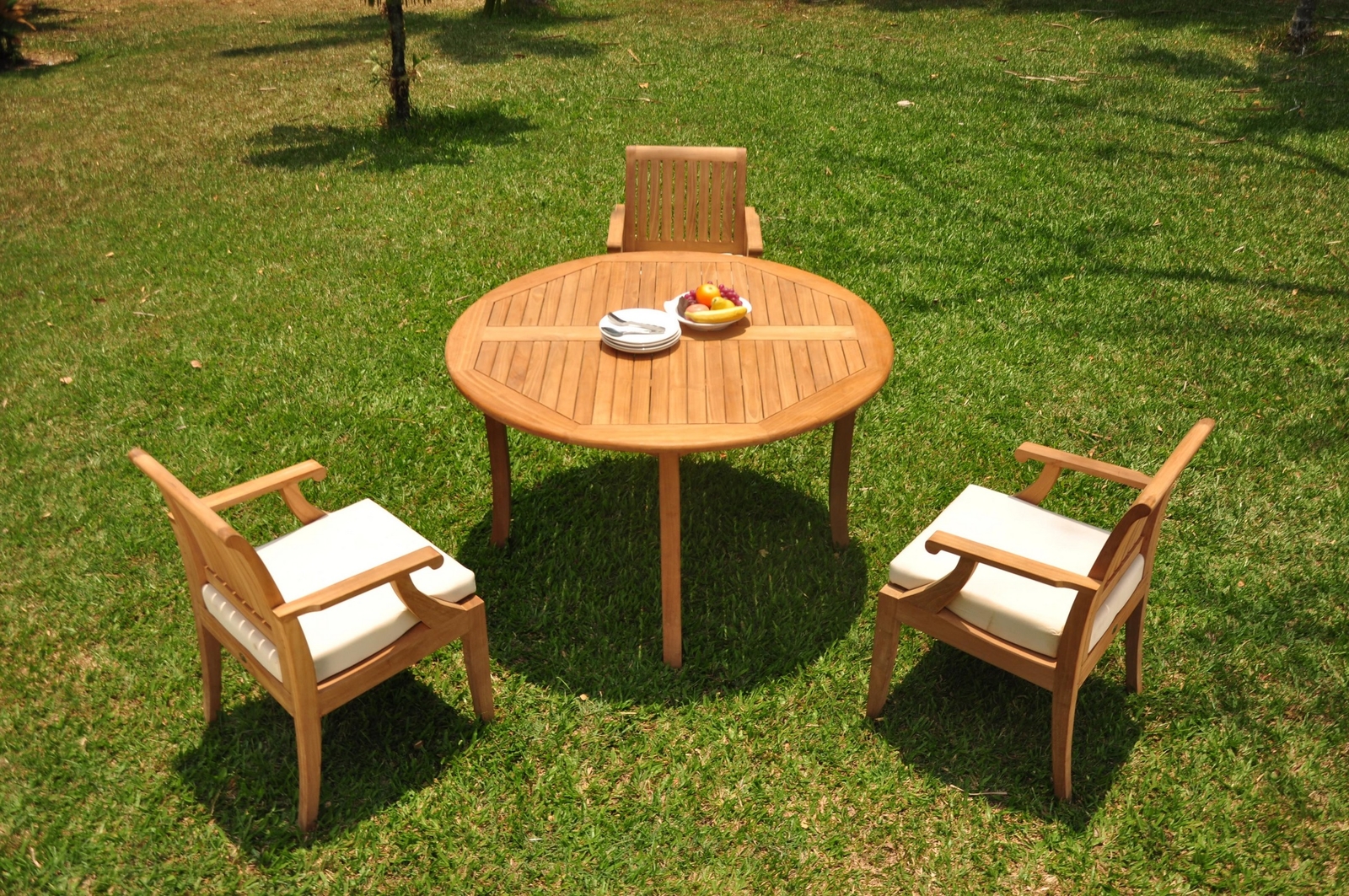 4pc Grade-A Teak Dining Set 52″ Round Table 3 Lagos Arm Chair Outdoor Patio