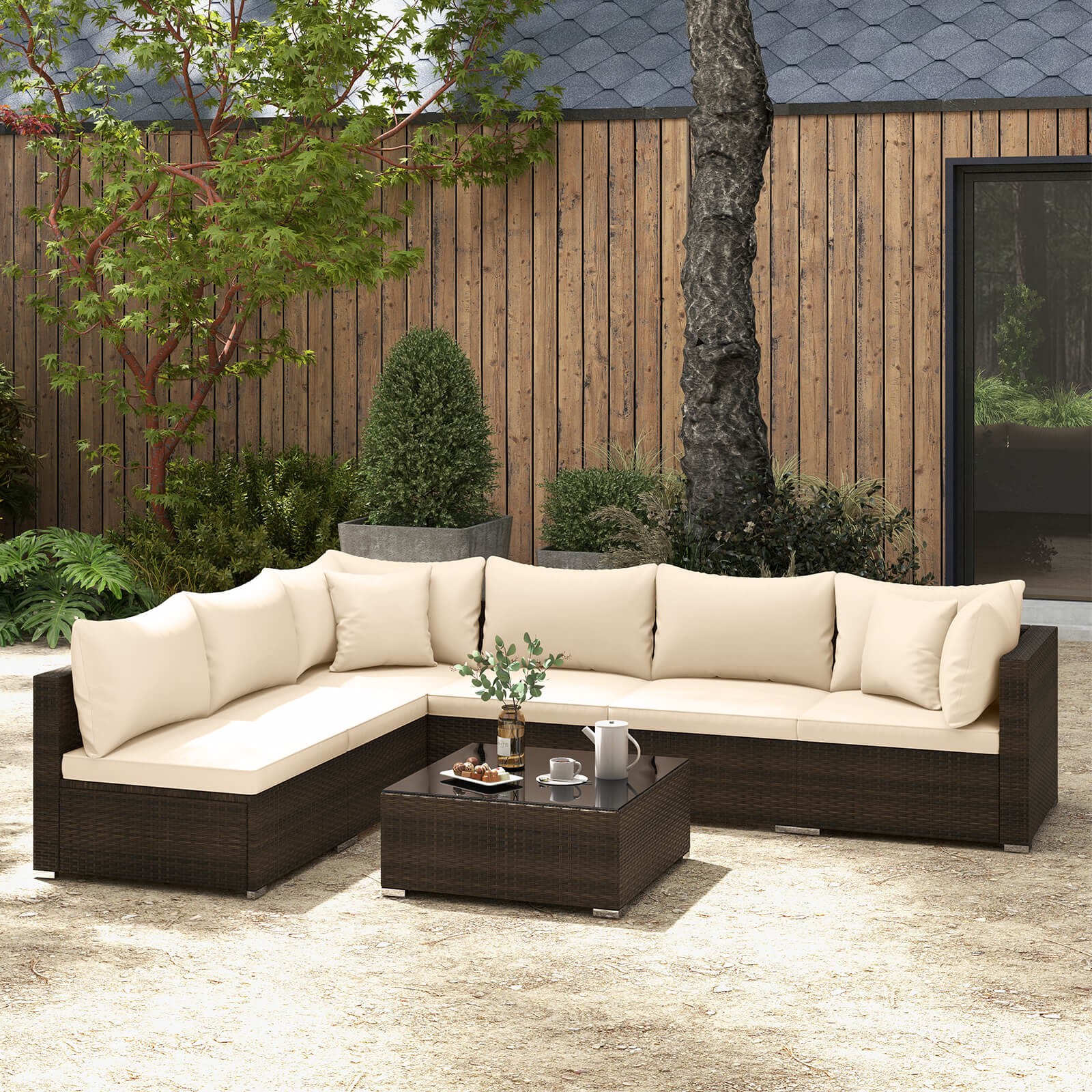 Patio 7 PCS Rattan Furniture Set Sectional Sofa Cushioned Garden Beige