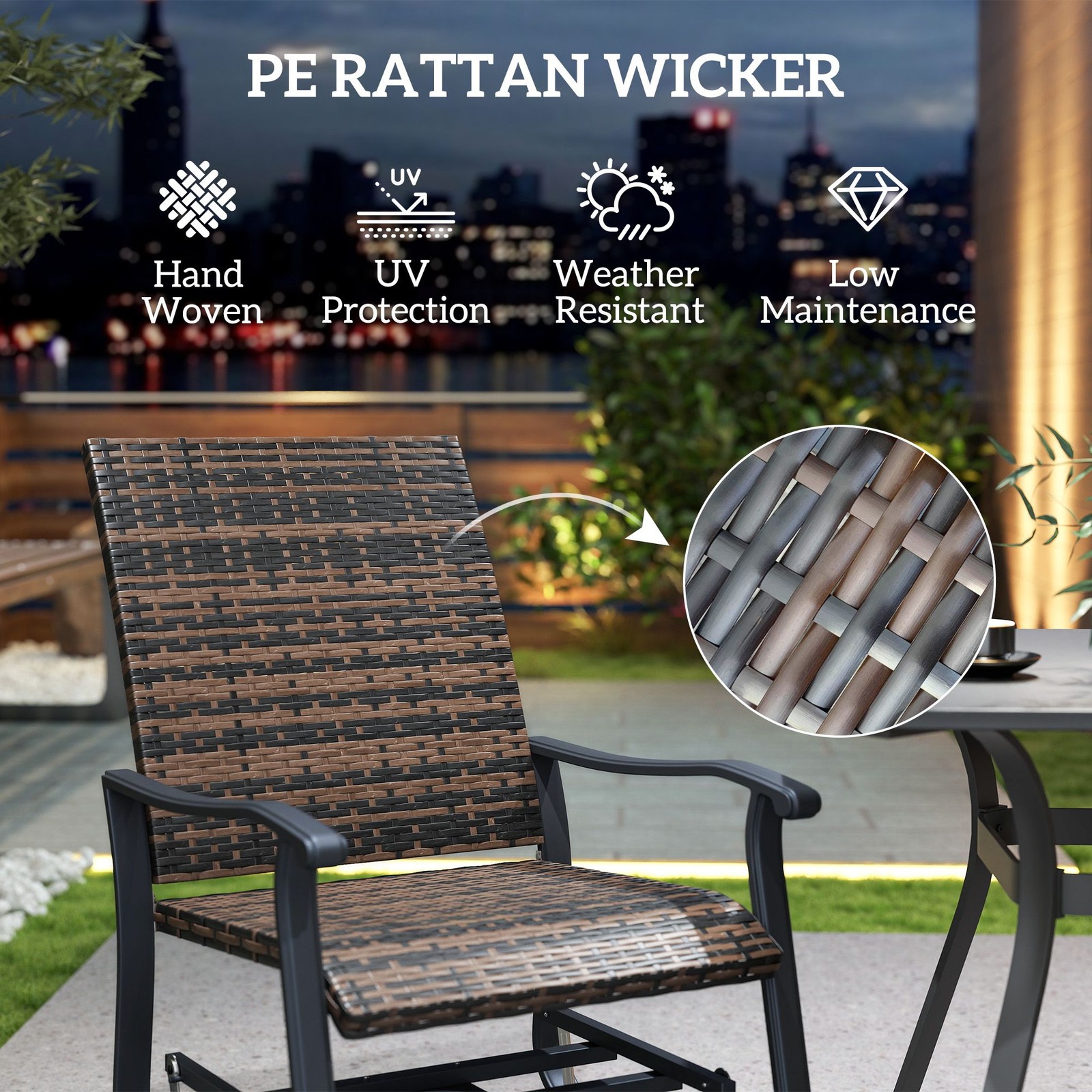 PE Wicker Glider Set of 2, Powder-Coated Steel, High Back, Brown, Outdoor
