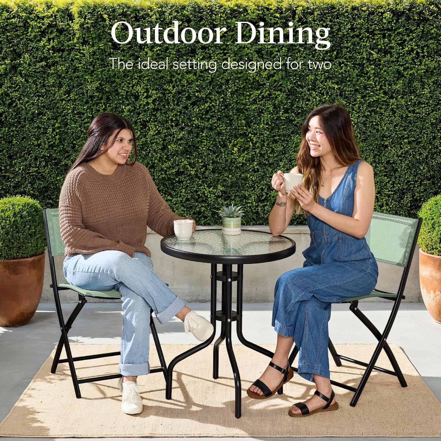 3-Piece Patio Bistro Dining Furniture Set w/Textured Glass Tabletop 2 Steel