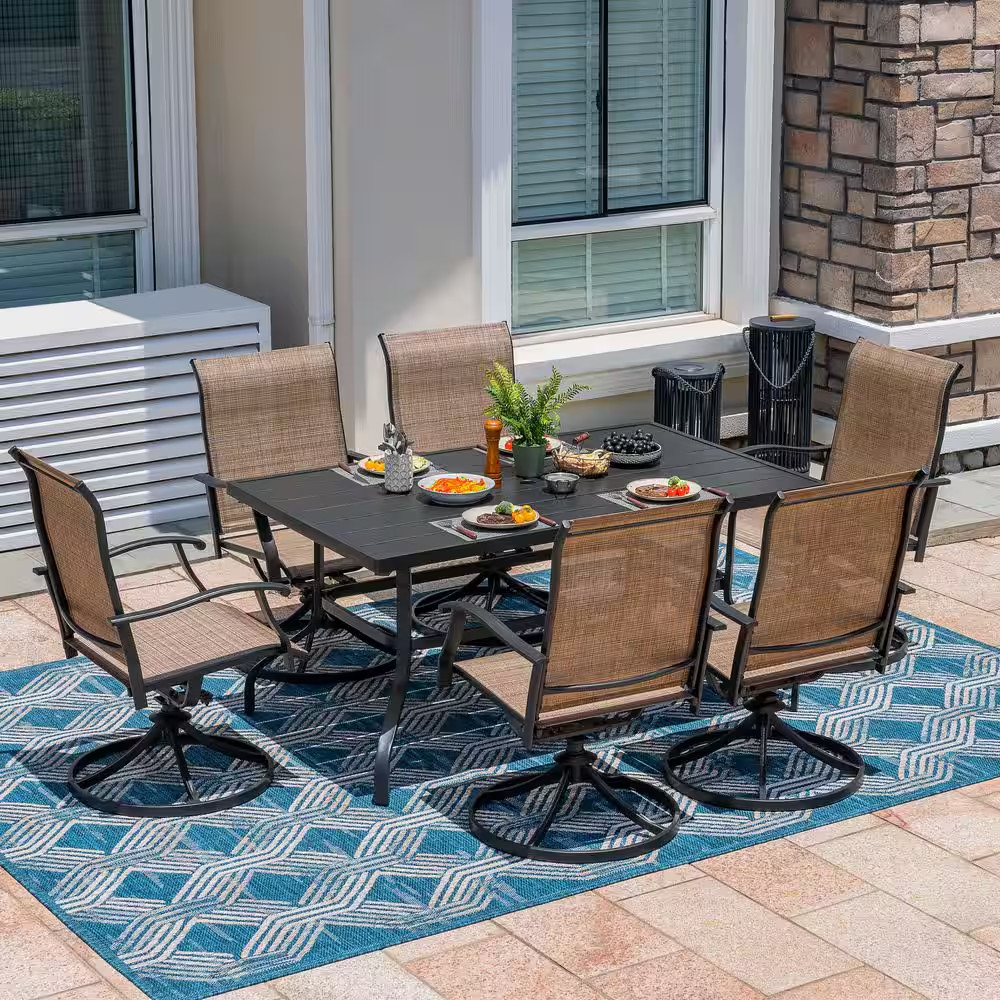 Brown 7-Piece Textilene Iron Metal Outdoor Dining Set 6-Swivel Chairs Rectangle