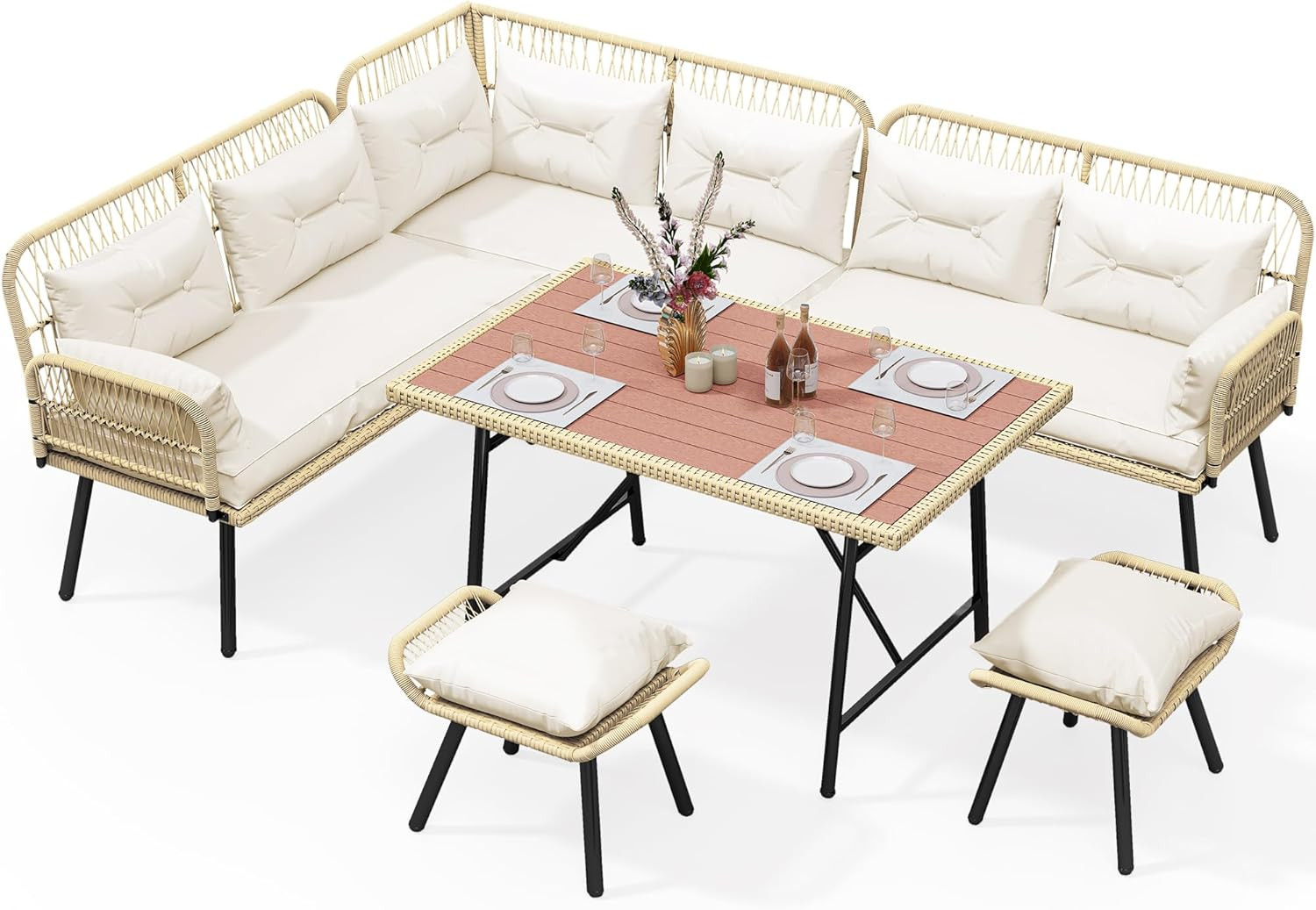 L-Shaped Wicker Patio Sofa Set with Cushions & Dining Table – Light Brown/Beige