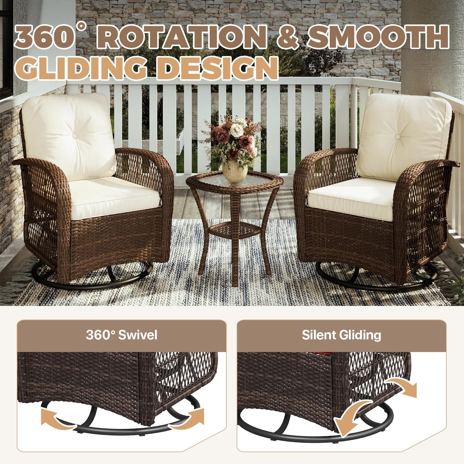 3 PCS Swivel Glider Chairs Wicker Rattan Bistro Set Outdoor Table 2 Chairs Beige
