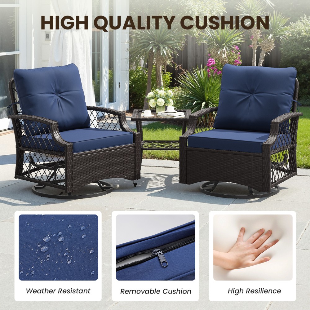 3-Piece Patio Set, Wicker Swivel Chairs with Cushions and Side Table for Yard