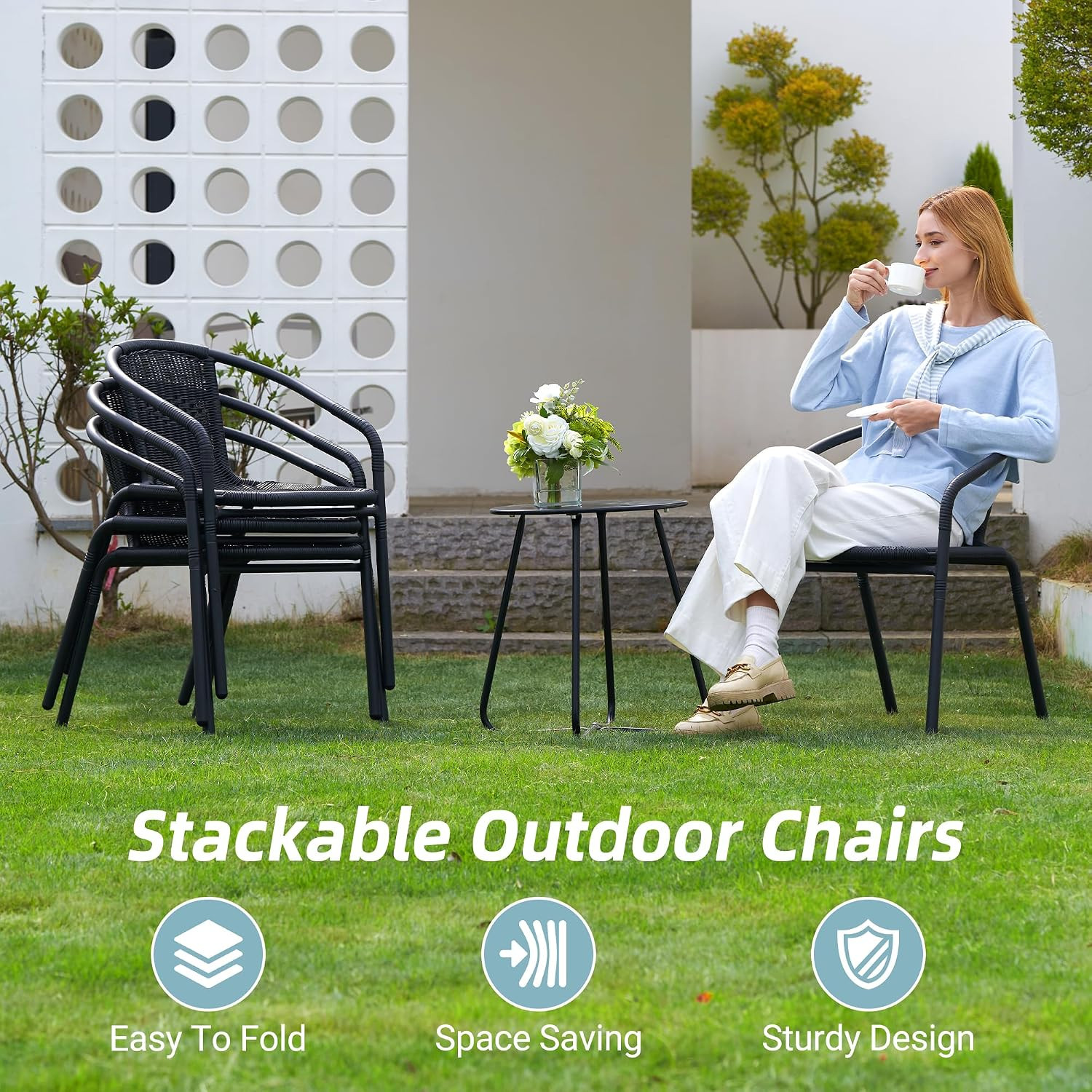 Outdoor Dining Chairs Set of 4, Stackable Patio Chairs, Rattan Wicker Patio Chai