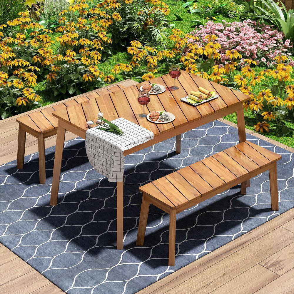 3-Piece Outdoor Patio 50 In. Light Brown Rectangle Wood Vintage Bench Picnic Bee