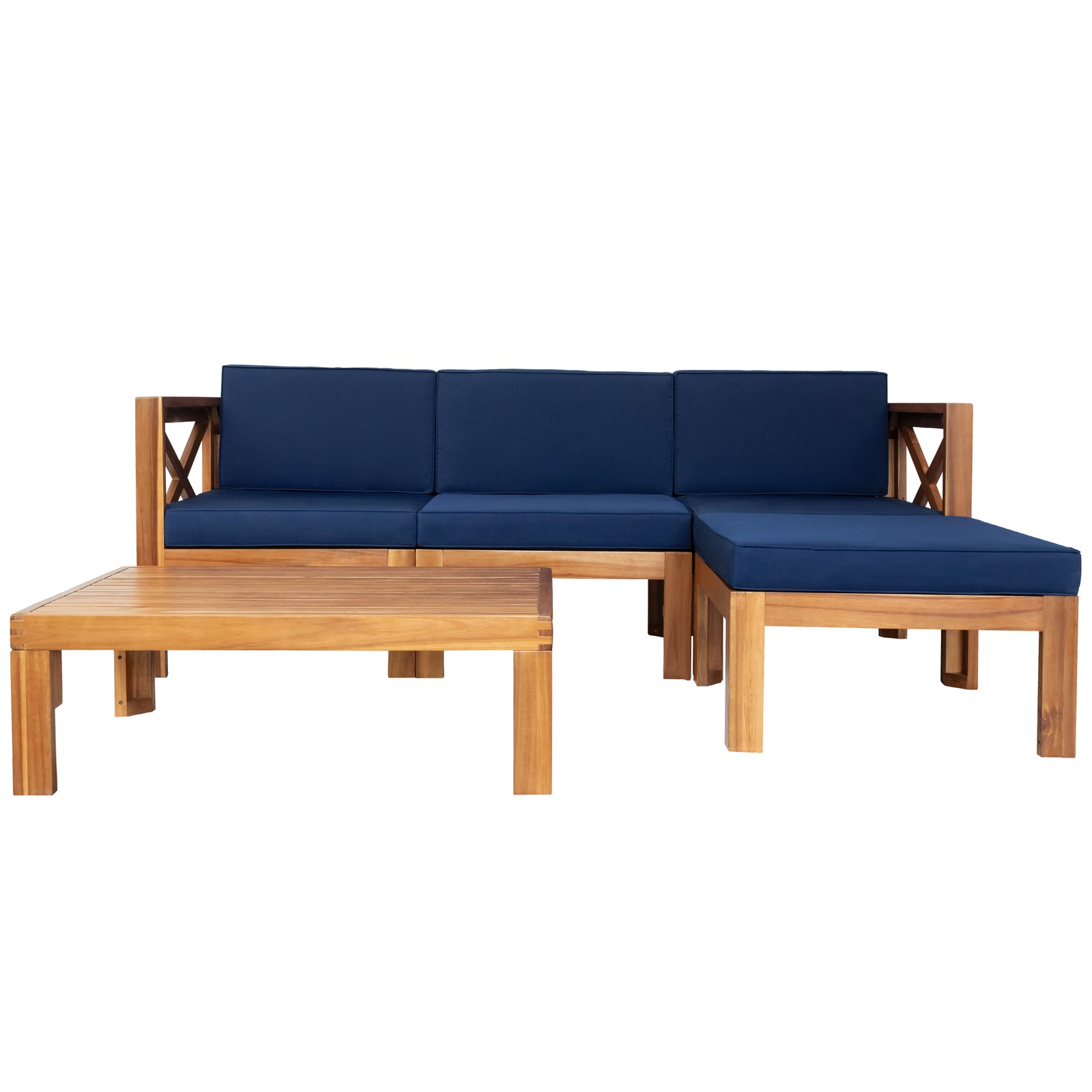 5-Piece Acacia Wood Patio Sectional Sofa Set with Blue Cushions – Natural Finish