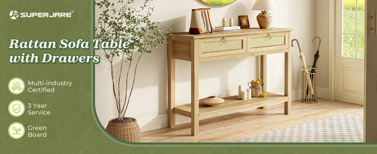 Rattan Console Sofa Table with Outlets and USB-C Port, 3 Der