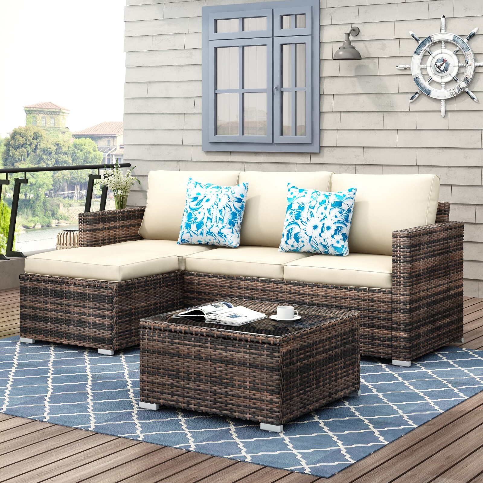 Suntone Patio Furniture Set – 3 Piece All Weather Wicker Outdoor Sectional Set