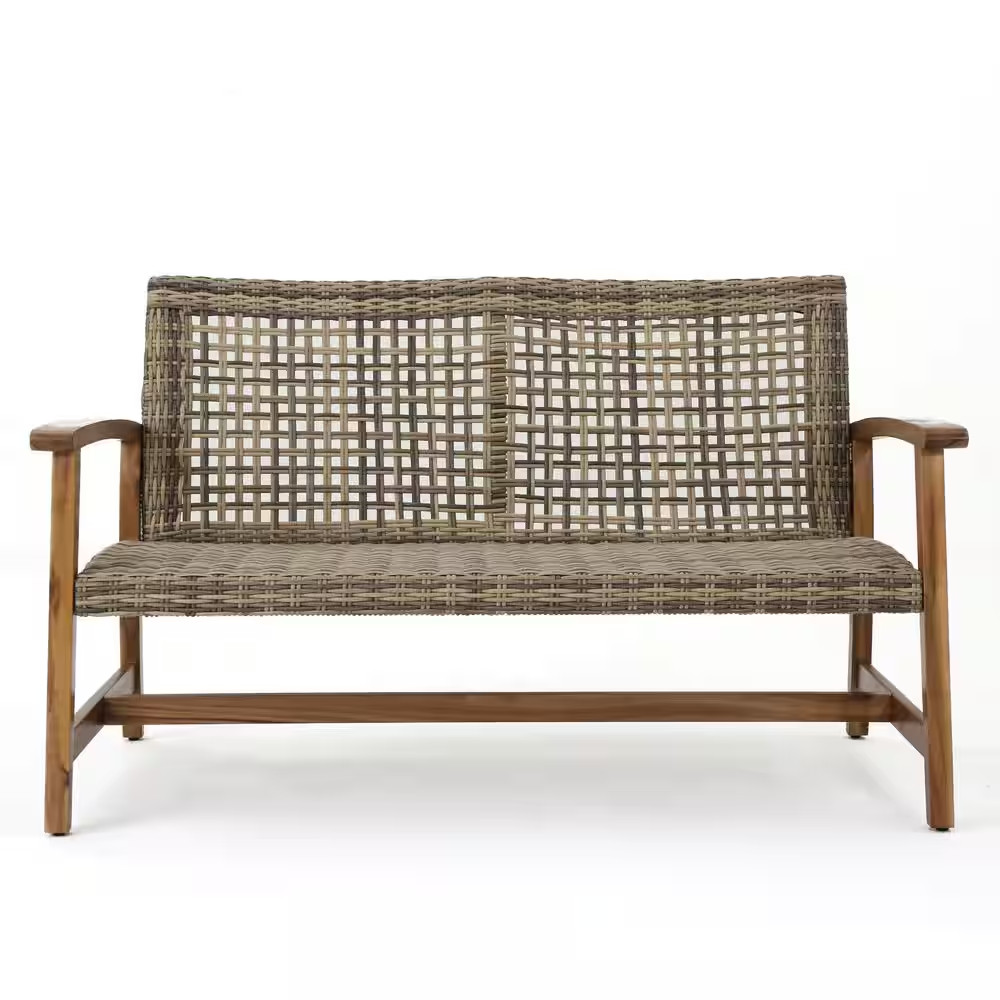 Sturdy and Durable Natural+Grey Acacia Wood and Wicker Outdoor Loveseat with Ass