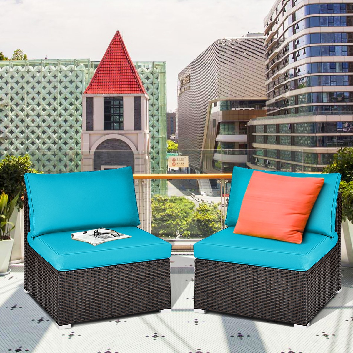 Patio 2PCS Rattan Armless Sofa Sectional Furniture Conversation Set Turquoise