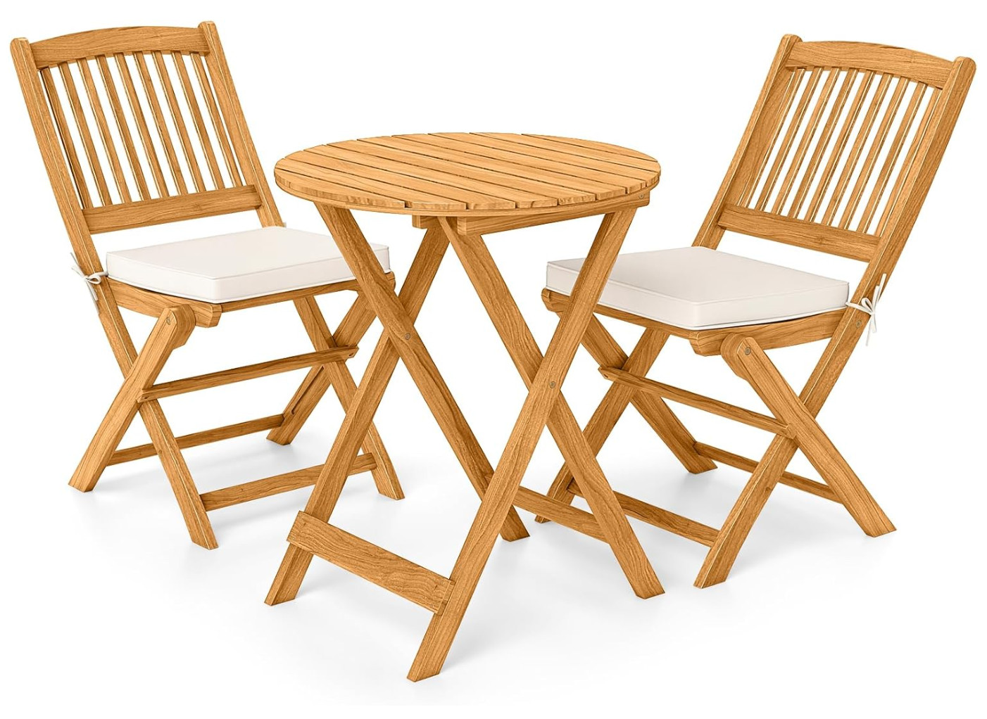 3Pcs Patio Bistro Set,Wood Folding Table Set, 2 Cushioned Chairs for Garden Yard