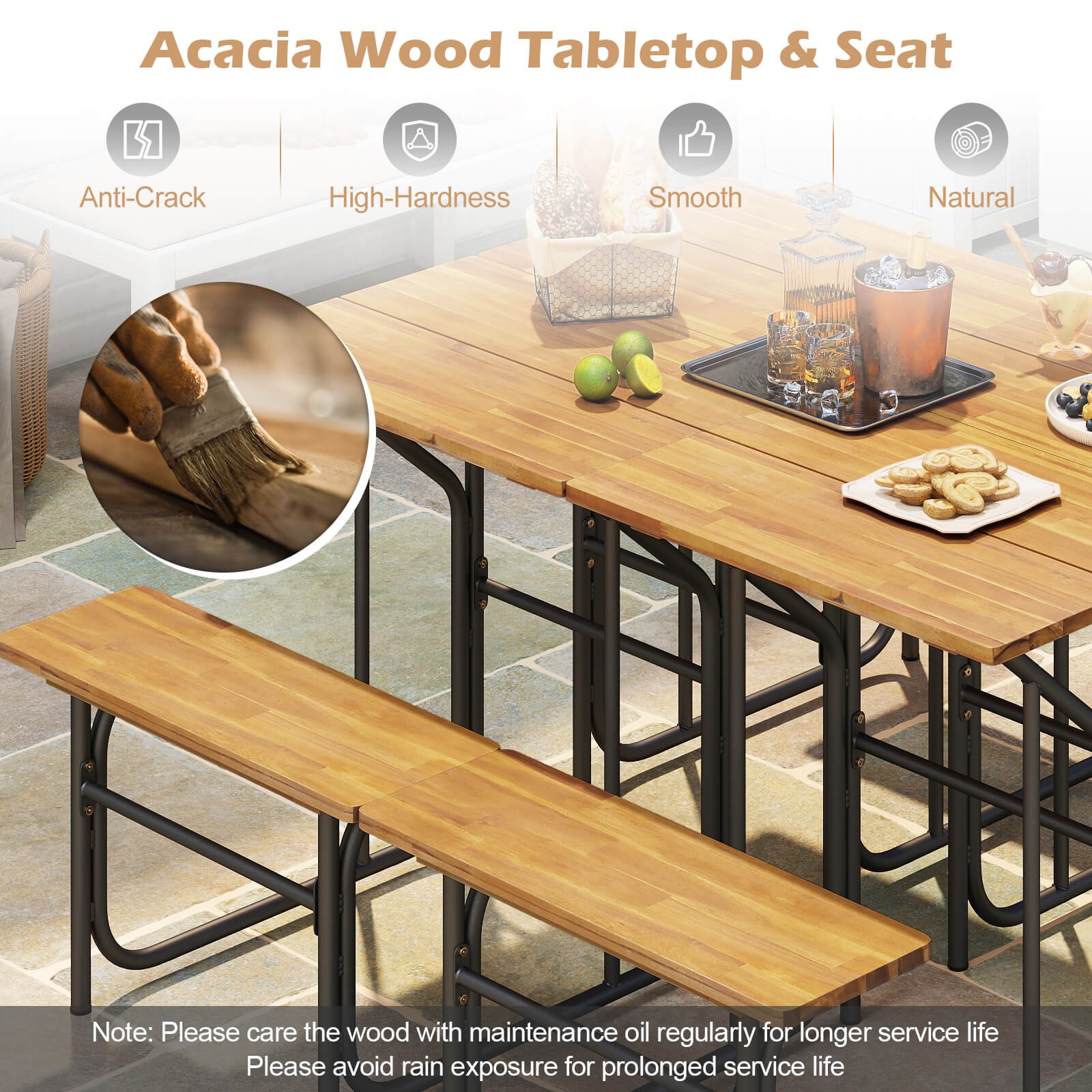 Patio Table Bench Set One-Side Picnic Table & Seat w/ Acacia Wood Top Metal Legs