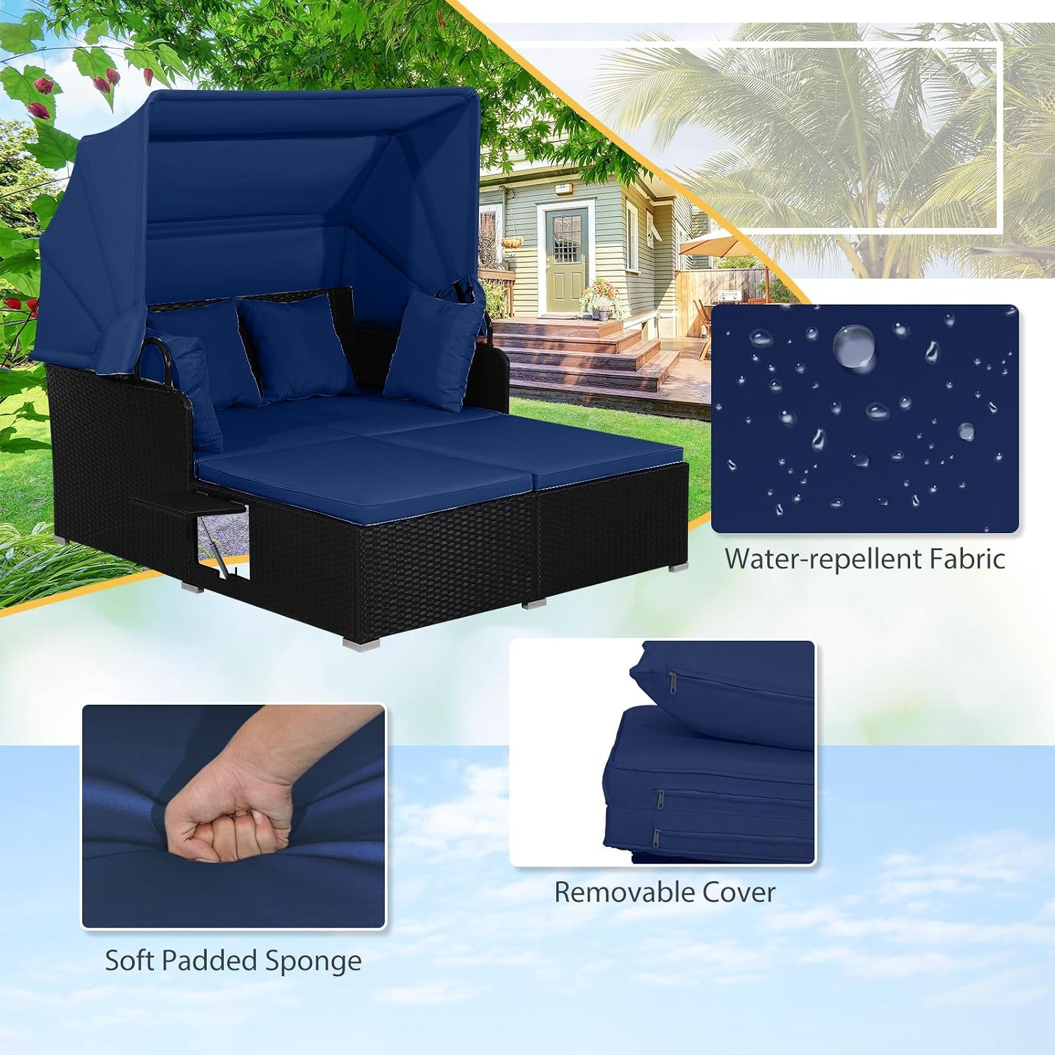 Outdoor Daybed, 2-Person Wicker Patio Sofa with Retractable Canopy, Cushions & P