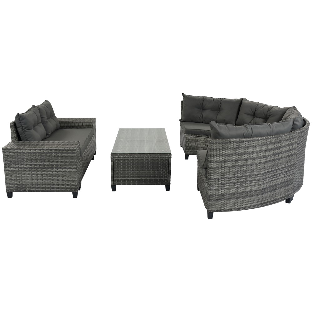 Half-Moon Outdoor Sofa Set 8-pc w/ Coffee Table, PE Rattan, Gray Cushions, Patio