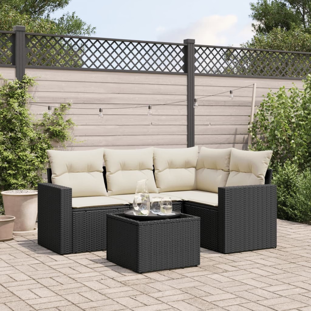 Garden Sofa Set Black and Cream Poly Rattan 5 Piece Set