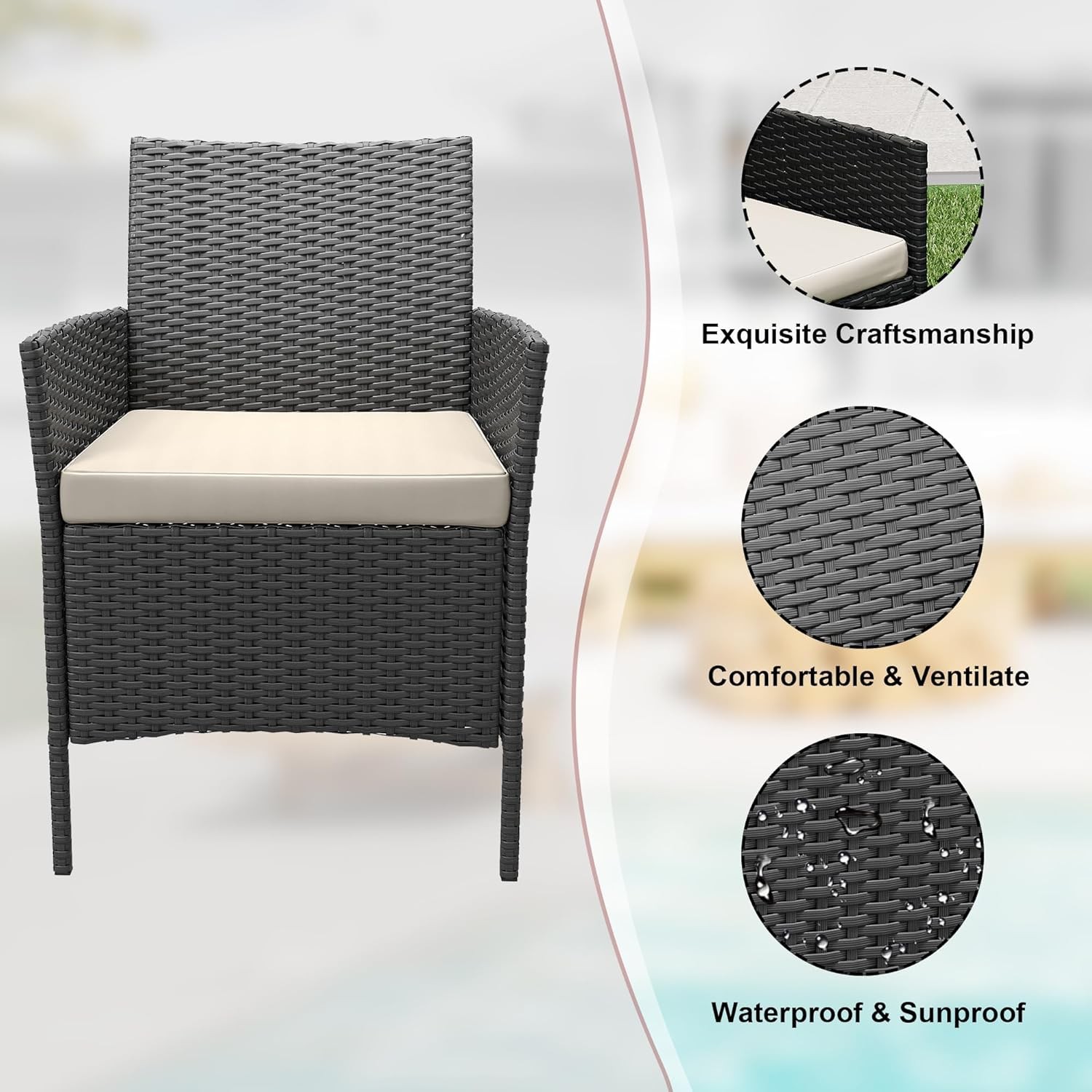3 Piece Outdoor Rattan Chair Set w Cushion&Glass Table, Wicker Conversation Set
