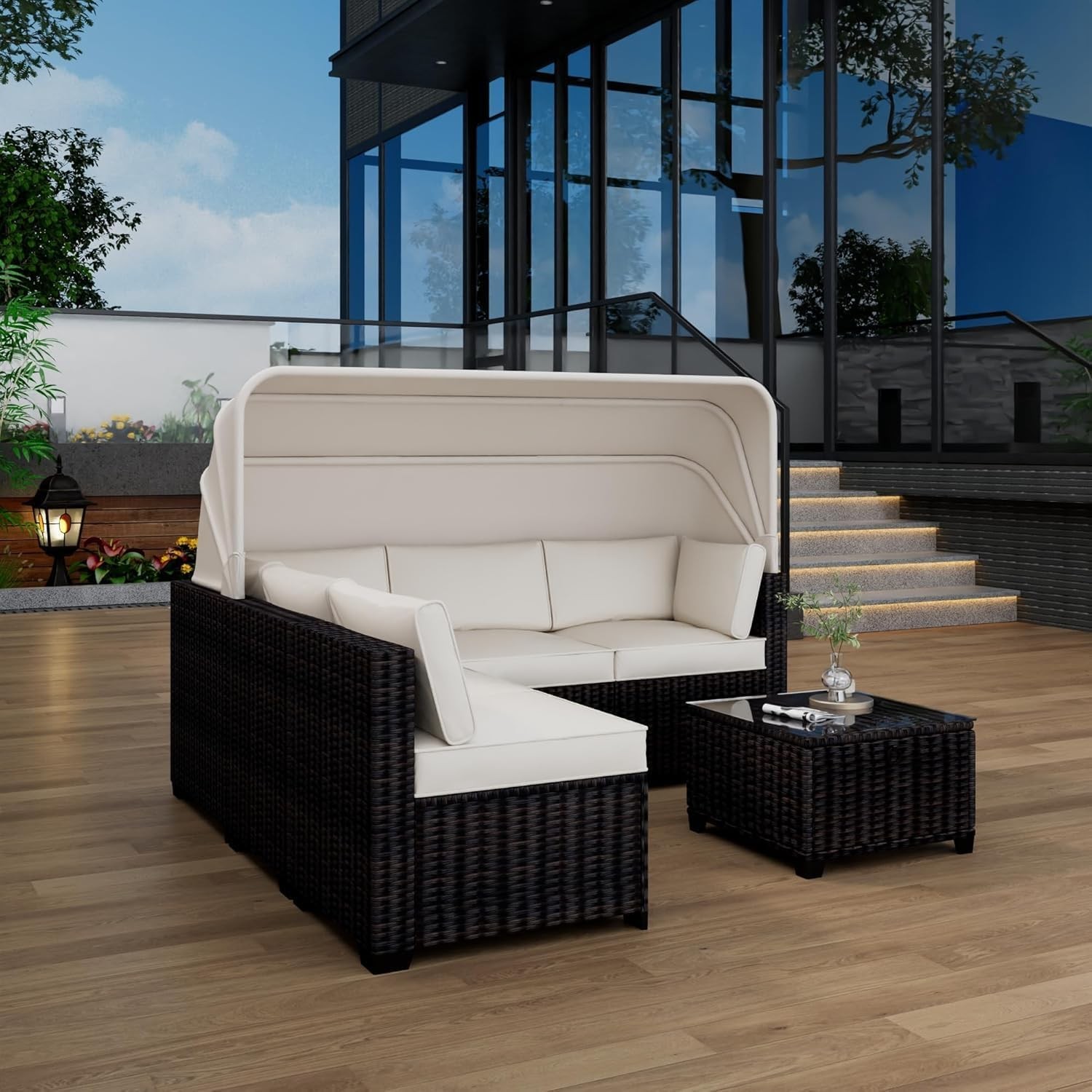6 Piece Set of Outdoor Daybeds, Daybed with Retractable Canopy,Outdoor Furniture