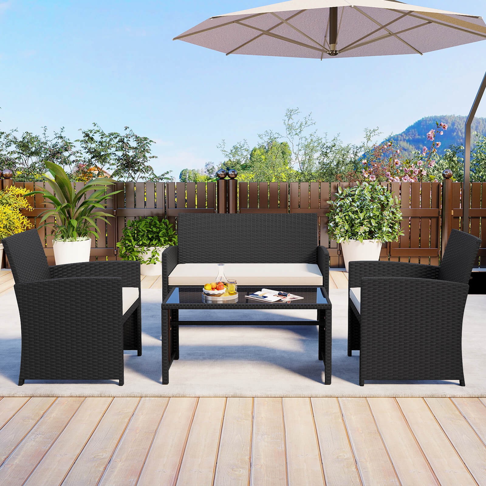 8 PCS Patio Conversation Set w/Seat Cushions & Tempered Glass Tabletop, Porch