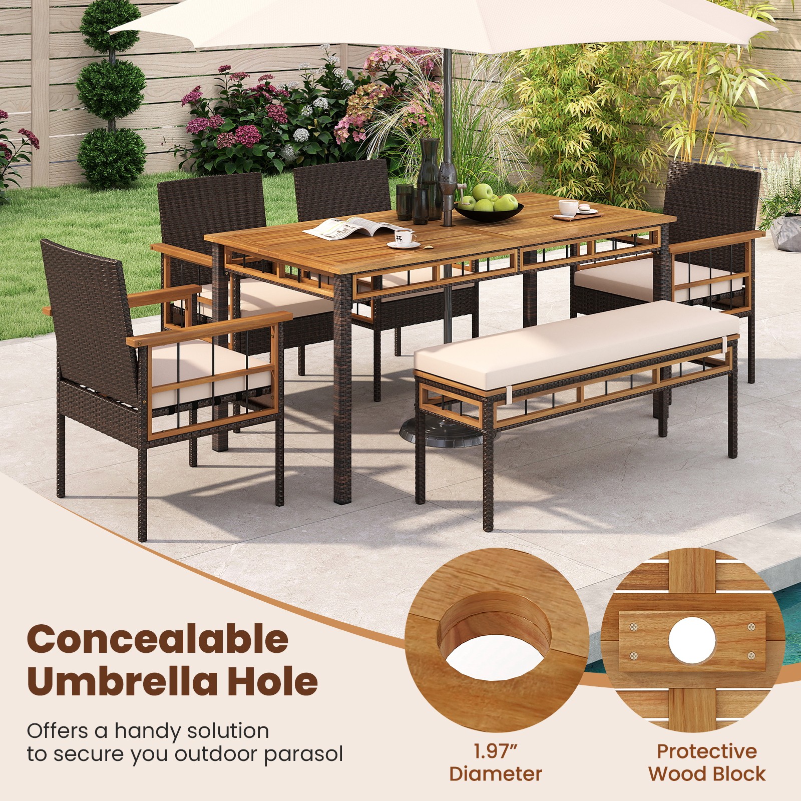Set of 6 Acacia Wood Table Backless Bench 4 Armchairs w/1.97″ Umbrella Hole