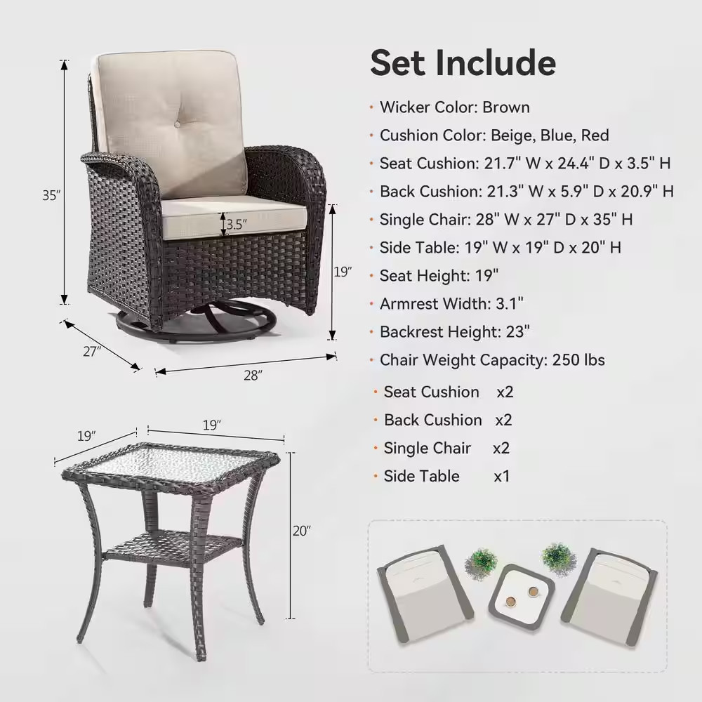 3-Pcs Dark Brown Wicker Outdoor Rocking Chair Patio Conversation Set Swivel Chai