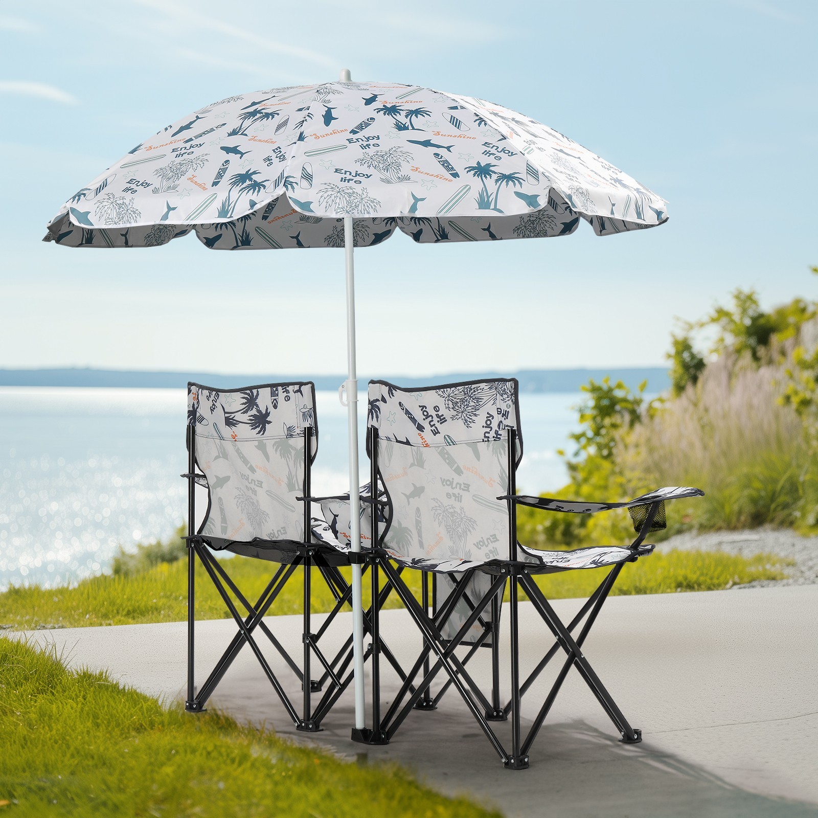 ❄️FREE SHIPPING!❄️2 Foldable Outdoor Chairs & Umbrellas 4 Camping or Tailgating!