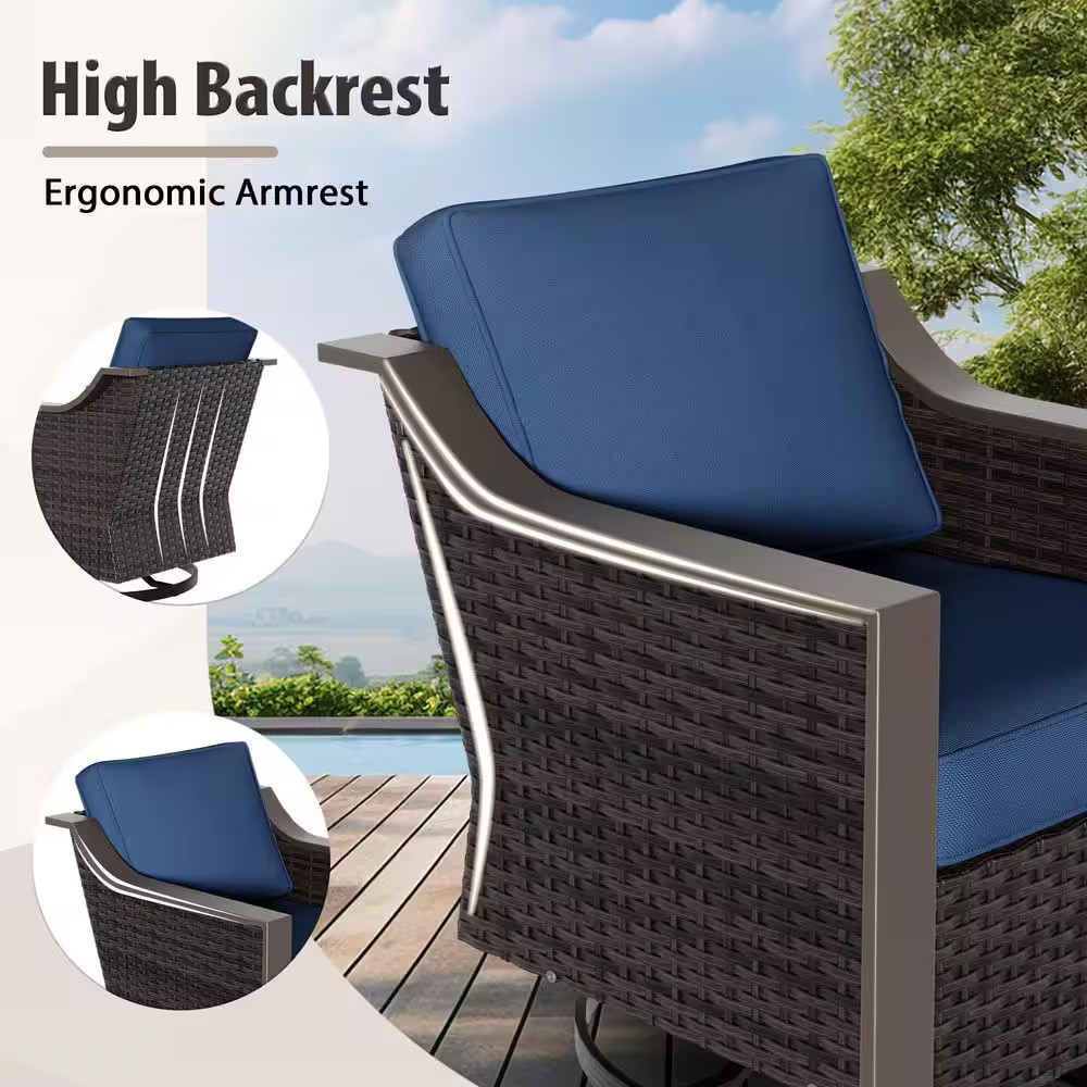 2-Piece Brown Wicker Outdoor Rocking Chair Patio Swivel Chair Set with Blue Cush
