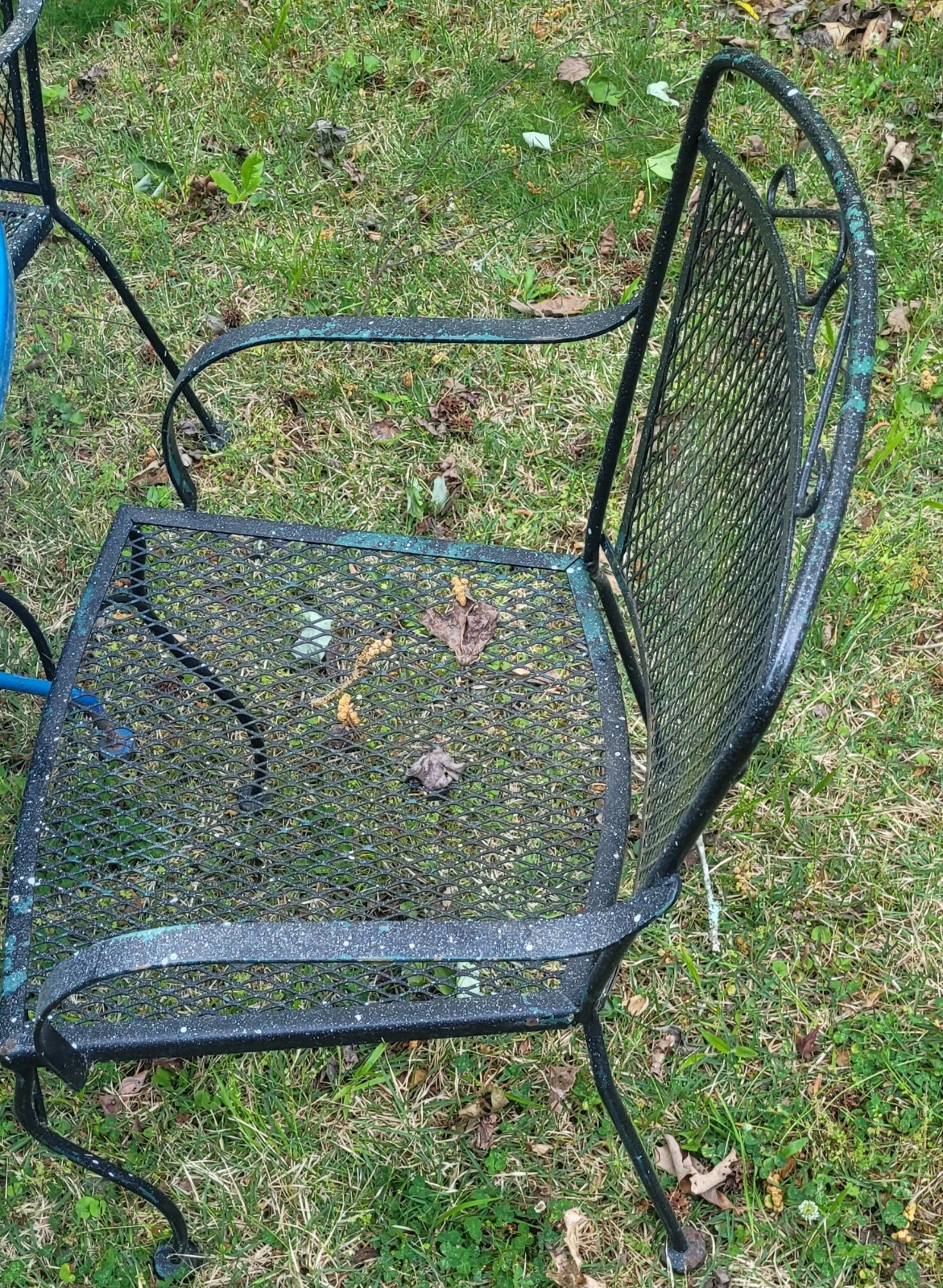5pc Vintage Black & Blue Wrought Iron Patio Set Table & 4 Barrel Back Chairs