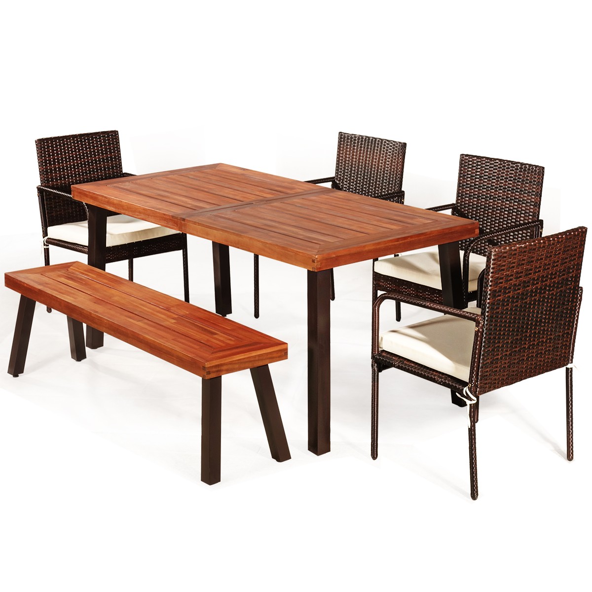 Patiojoy Patio 6PCS Rattan Dining Set Acacia Wood Tabletop Cushioned Chair