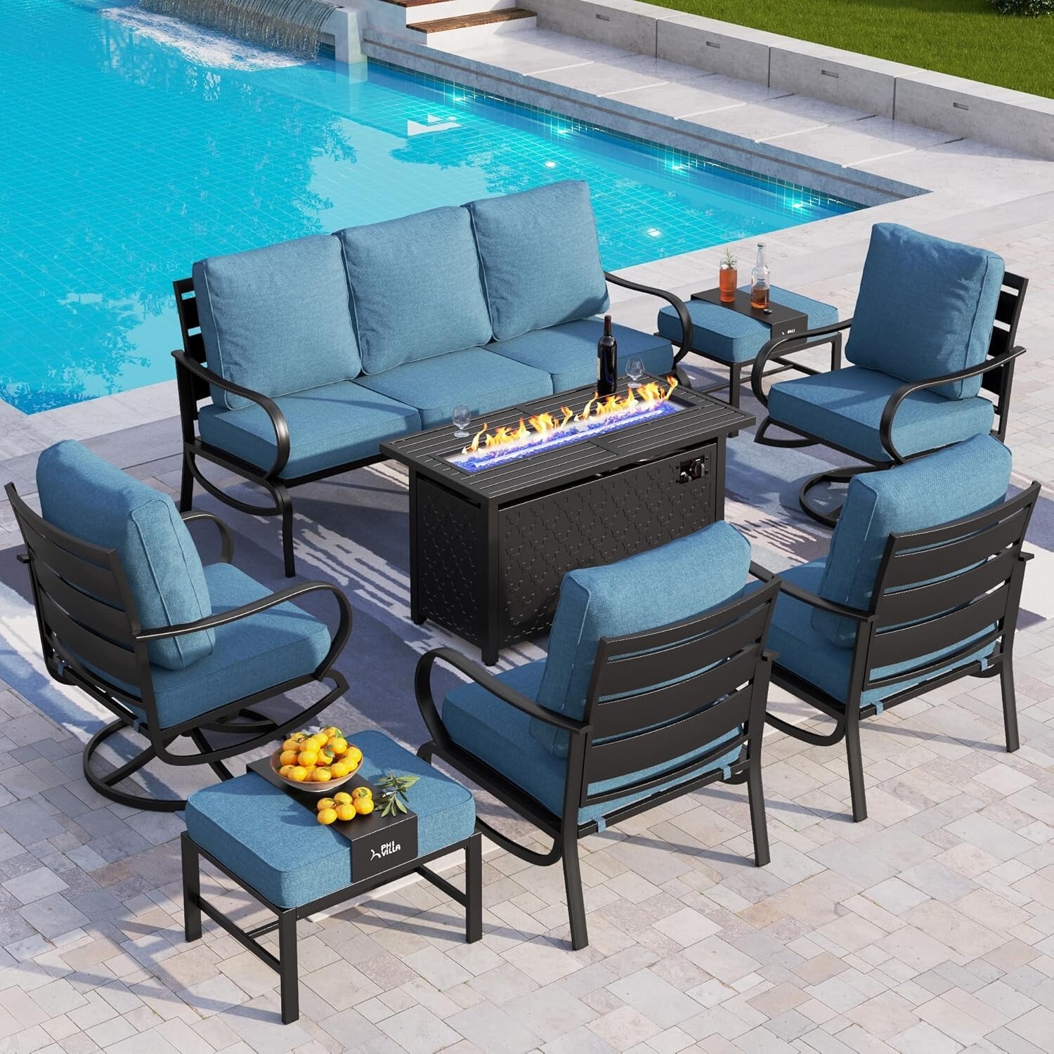 8 Pcs Patio Furniture Sets Outdoor Conversation Sofa Set with 45″ Fire Pit Table