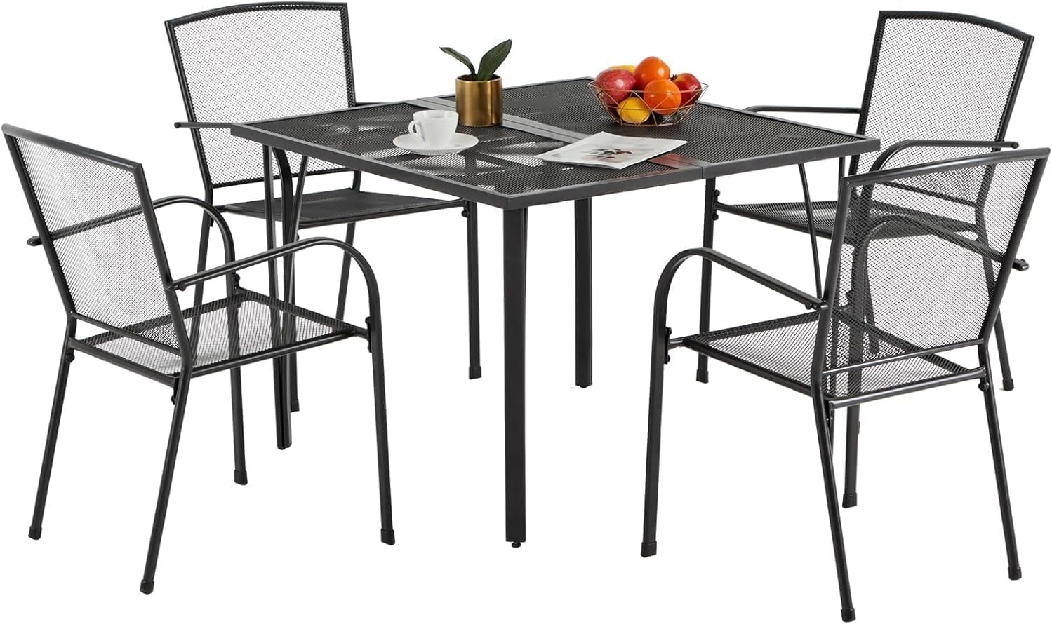 AECOJOY 39.4″ Square Metal Patio Table – 4-Seater, Umbrella Hole, Dark Grey