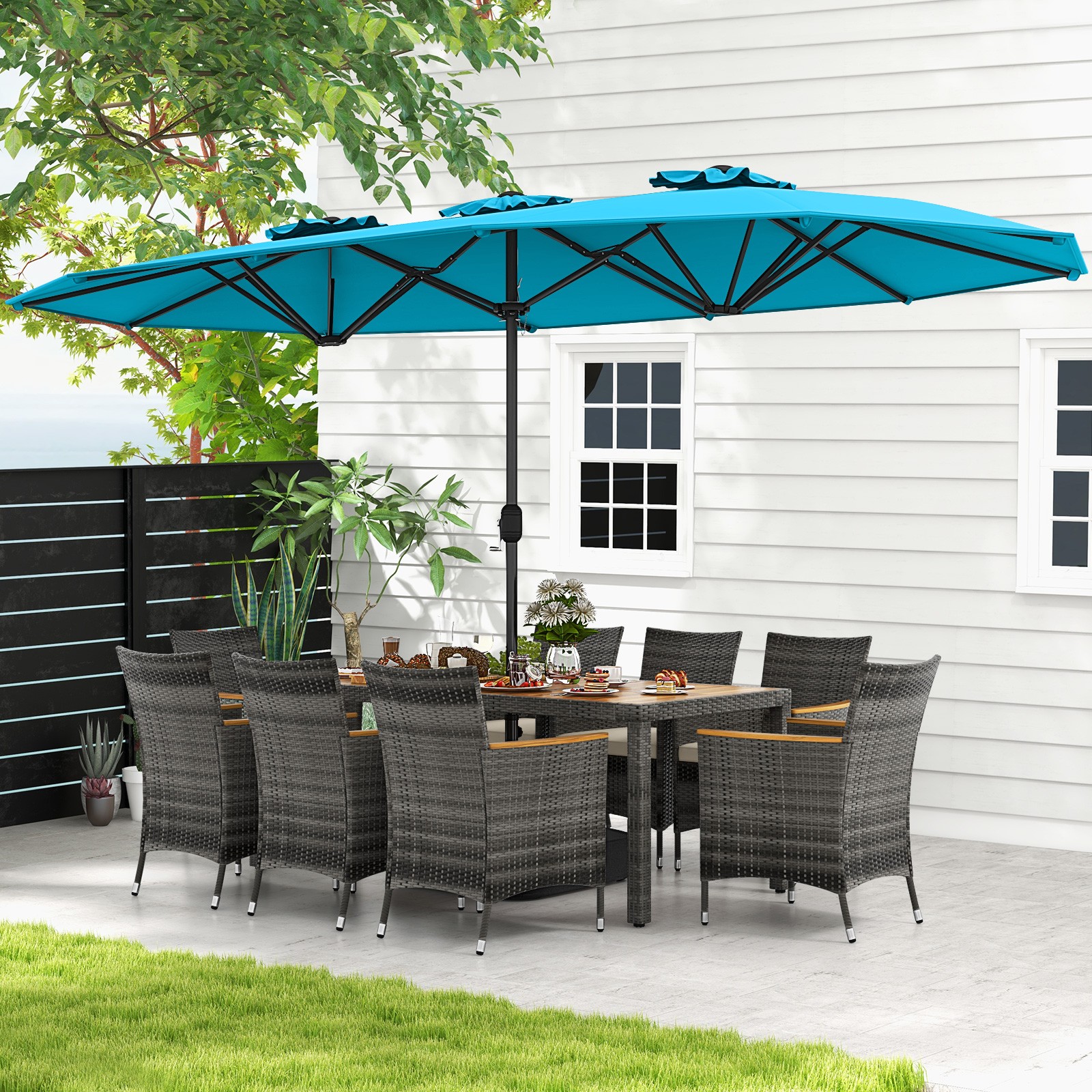 10 PCS Patio Wicker Dining Set w/ Double-Sided Patio Umbrella 8 Armchairs
