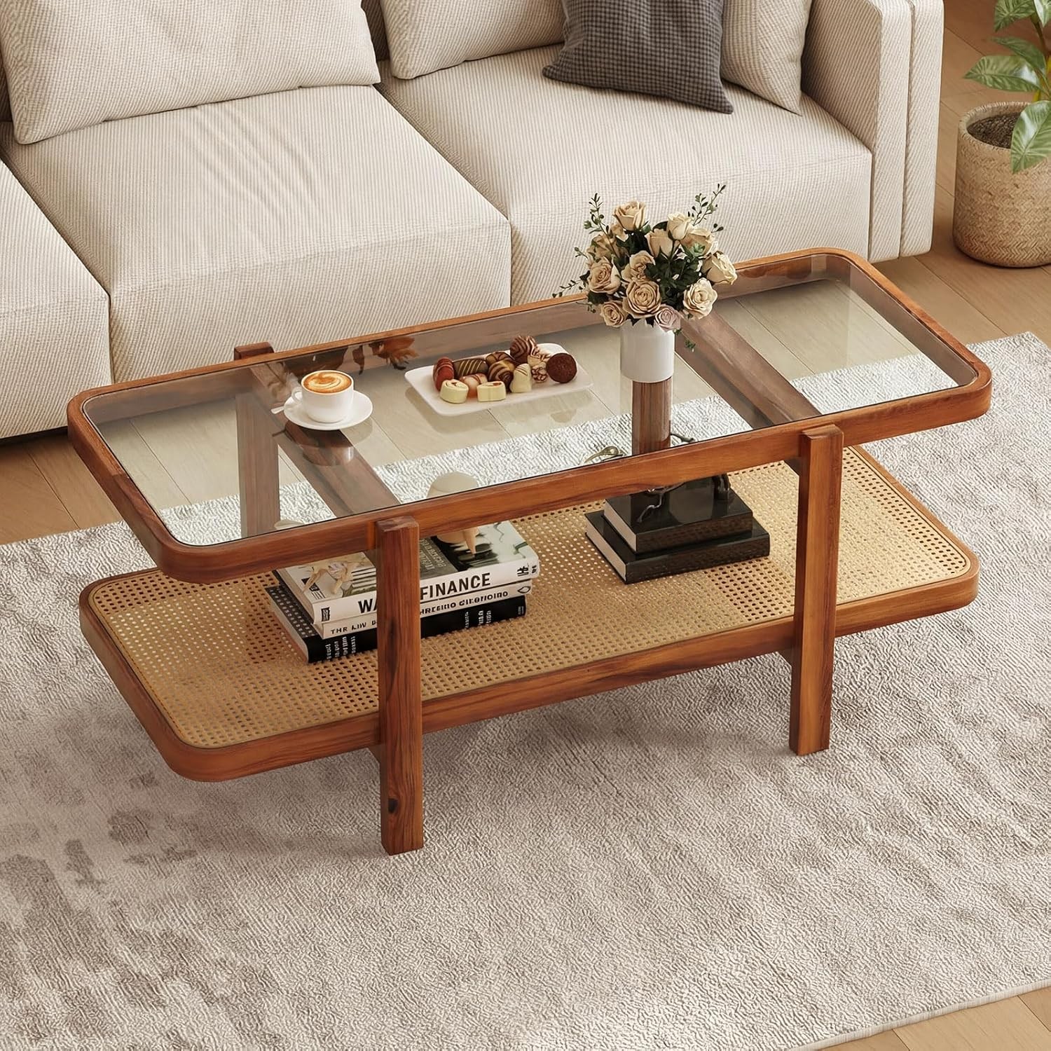Rattan Coffee Table, 47.5″ Rec Solid Wood Tea Table