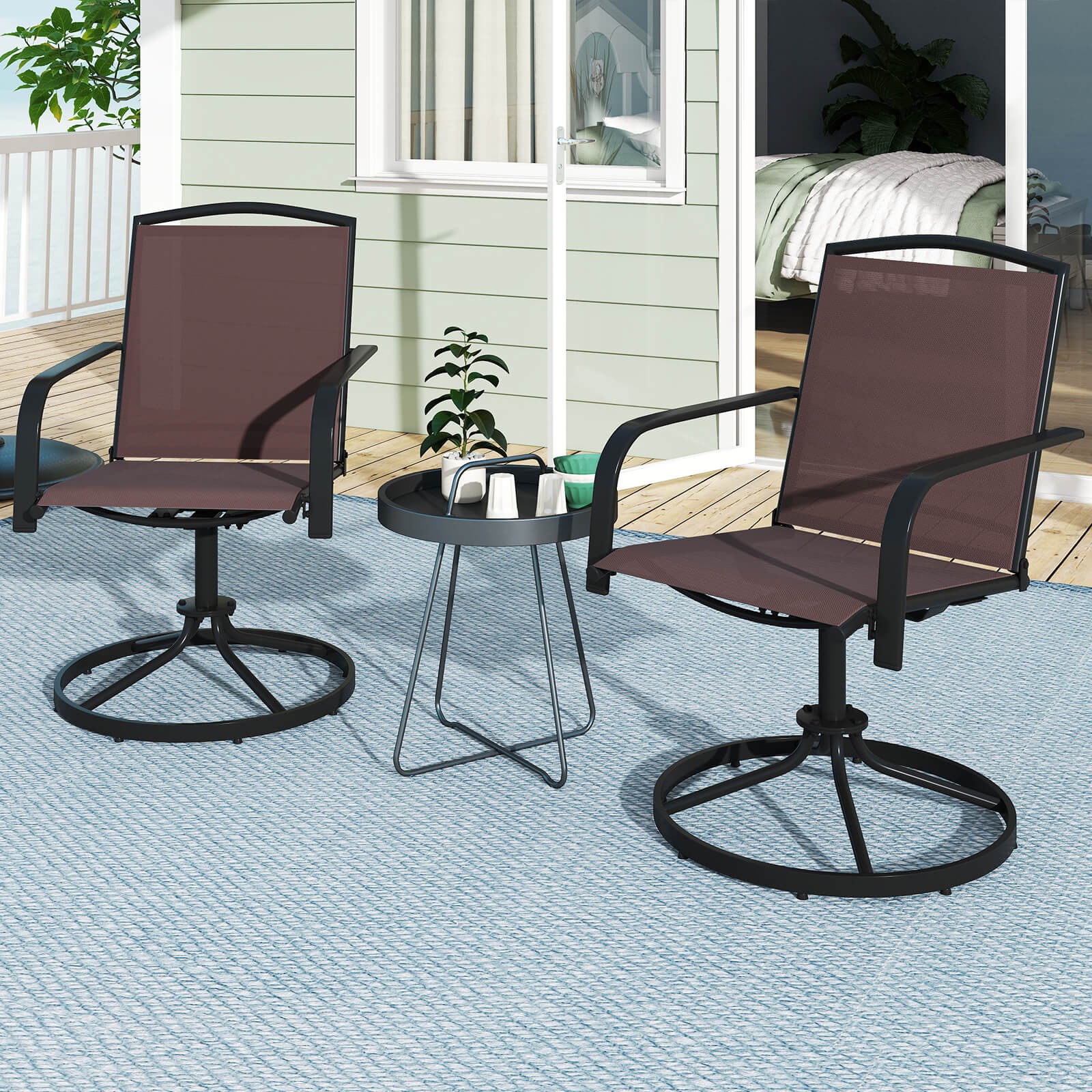 Patio Swivel Chairs 2PCS w/ High Back & Round Metal Base for Backyard