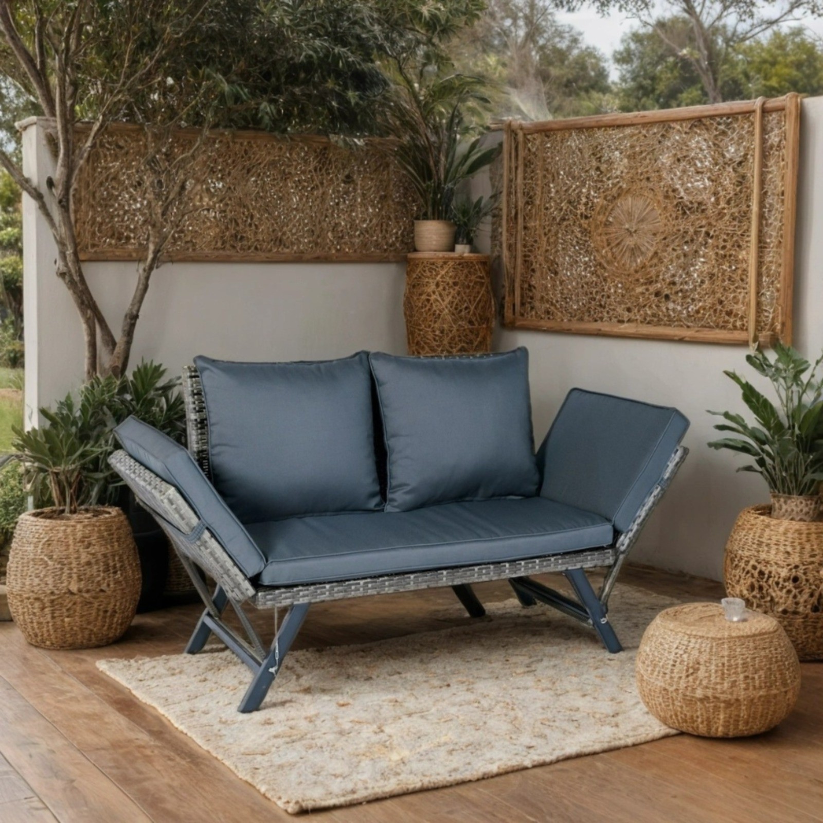 1 PCS Patio Wicker Foldable Side Bench Grey with Dark Grey Cushion